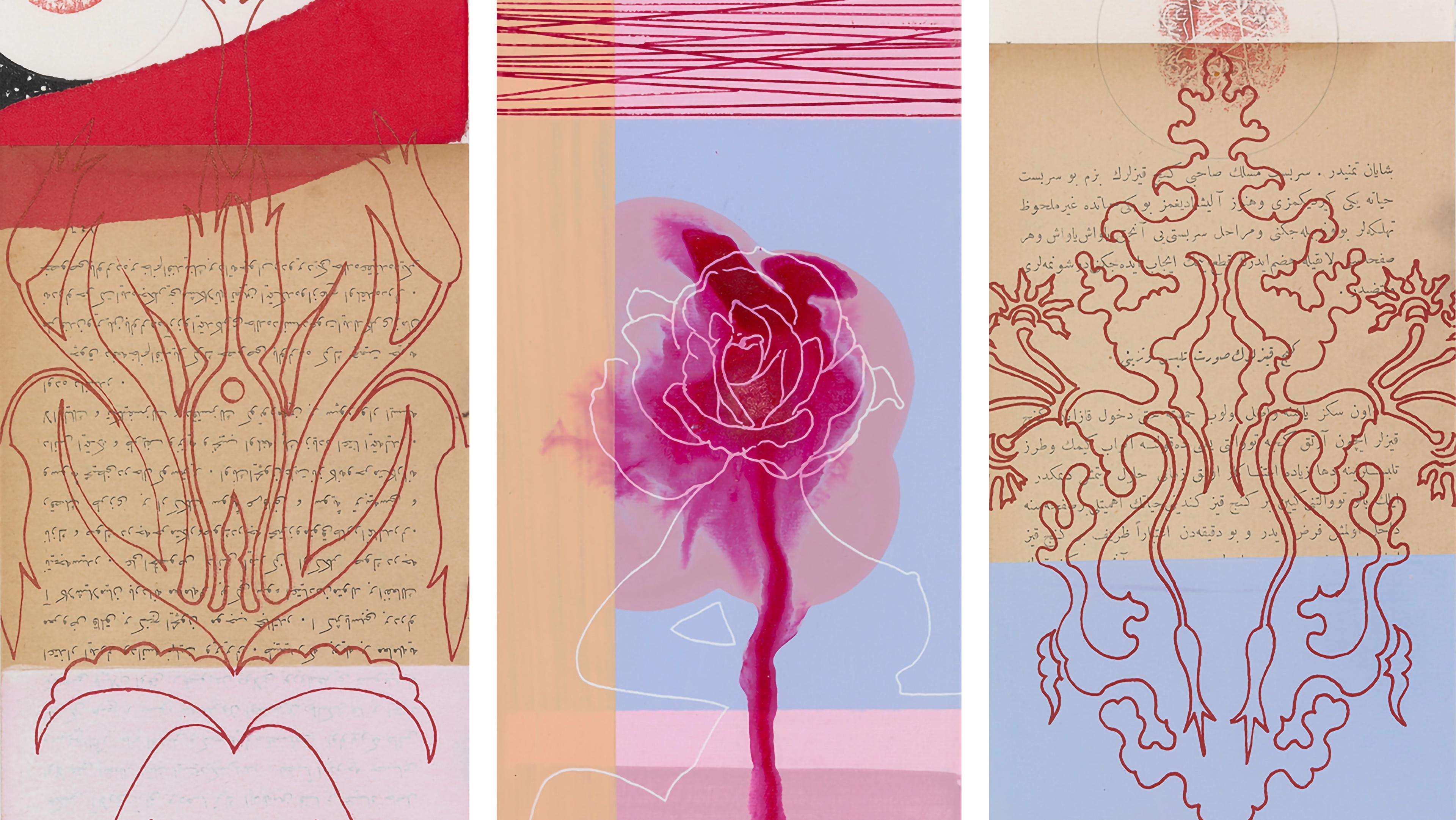 Triptych of folios from Peter Hristoff's Gorgu Kurallari (Bahname). The folios, in shades of blues, browns, pinks, and reds, compile floral motifs, genitalia, human figures, and abstract designs.