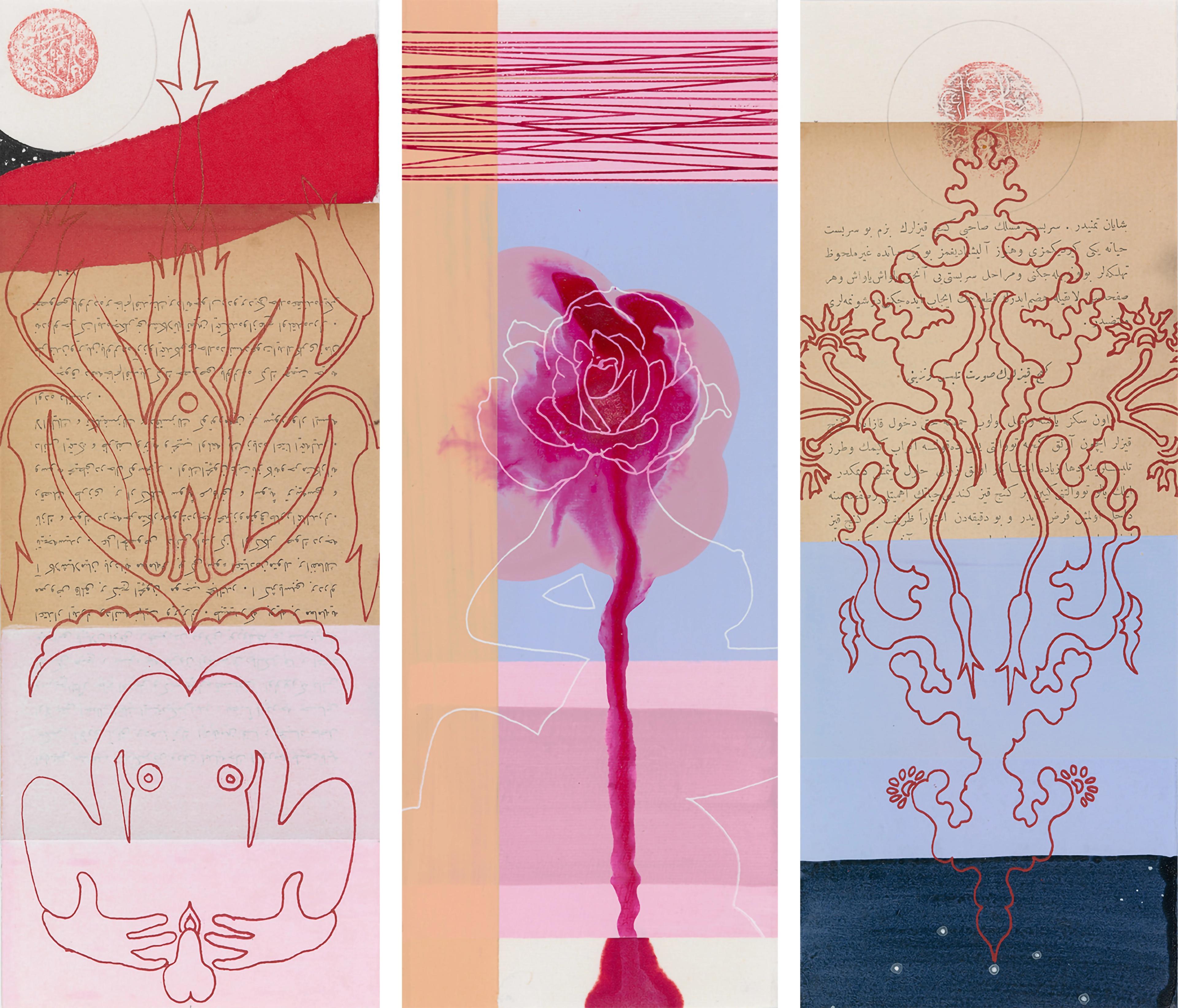 Triptych of folios from Peter Hristoff's Gorgu Kurallari (Bahname). The folios, in shades of blues, browns, pinks, and reds, compile floral motifs, genitalia, human figures, and abstract designs.