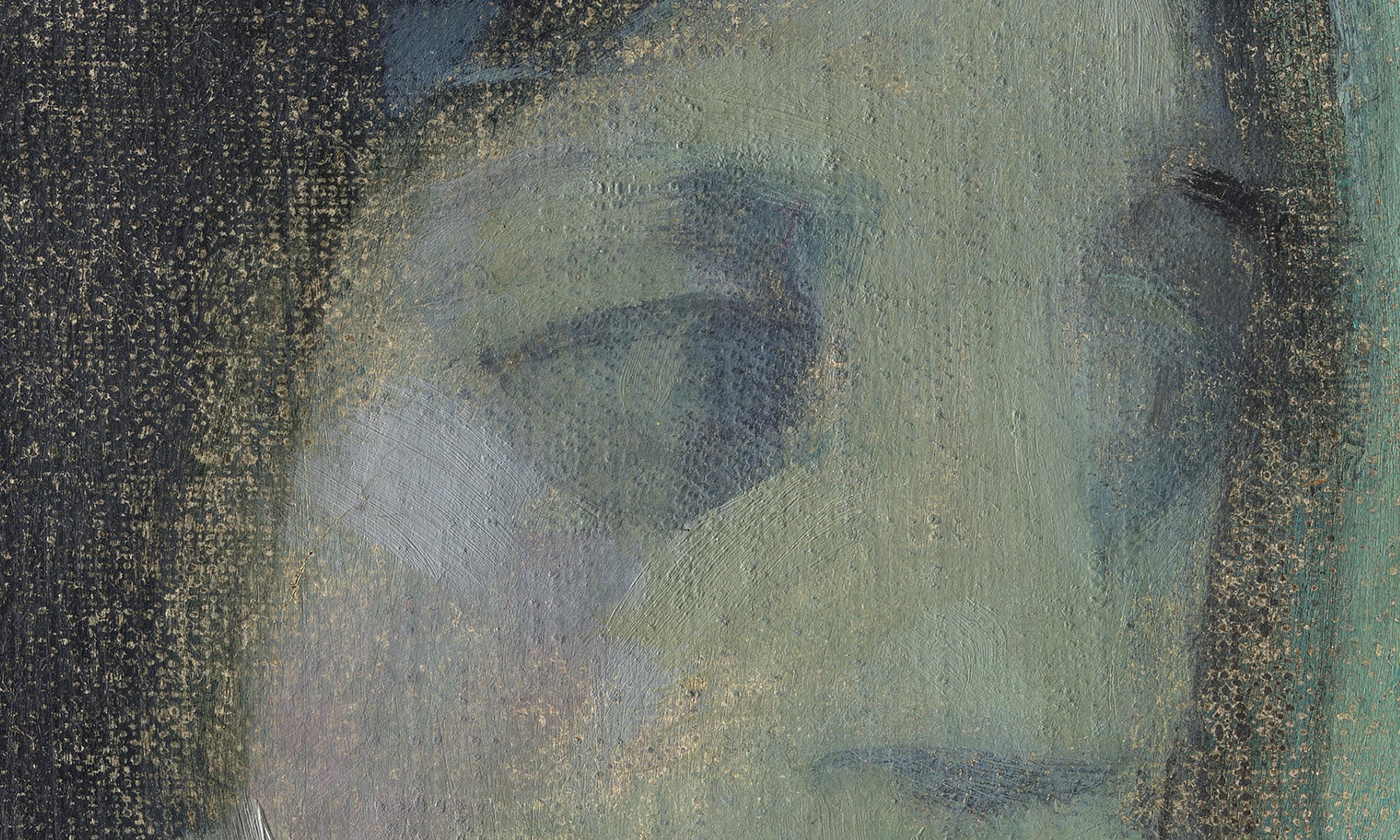A close-up detail of a painted face rendered in muted green, blue, and gray tones.