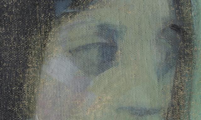 A close-up detail of a painted face rendered in muted green, blue, and gray tones.