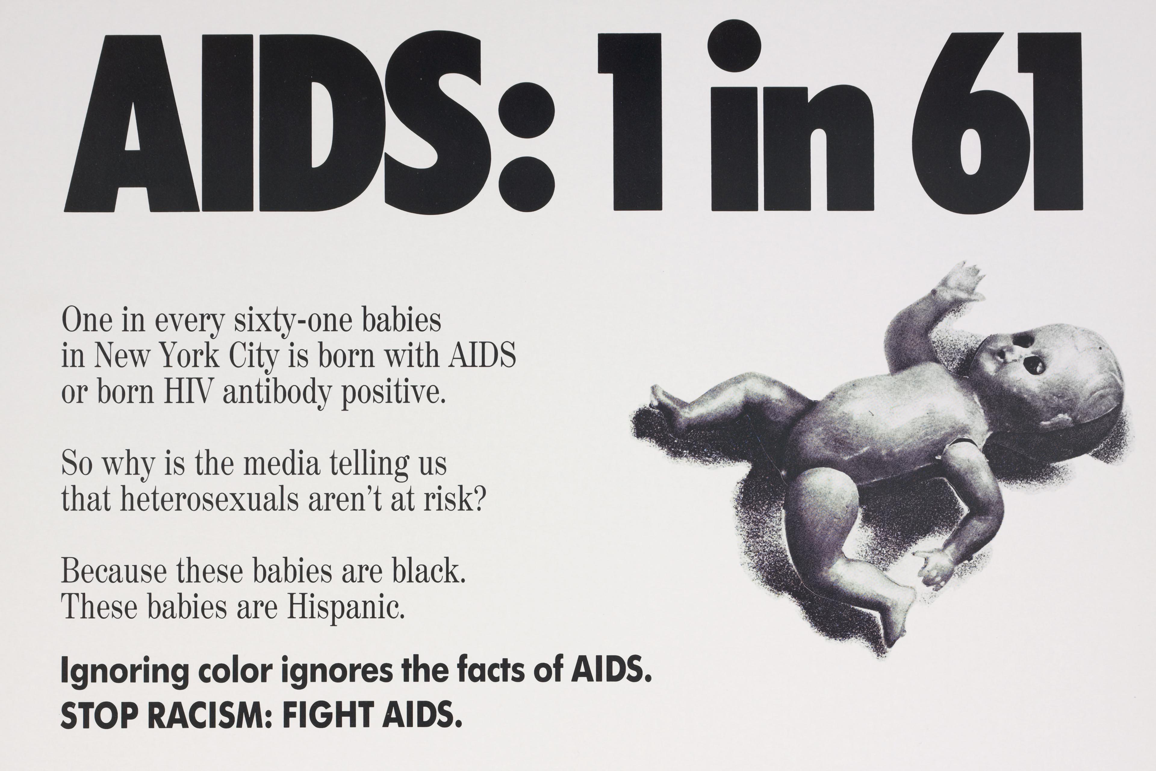 Black-and-white poster with a bold statistic about AIDS, an image of a baby doll, and accompanying text about HIV/AIDS in babies.