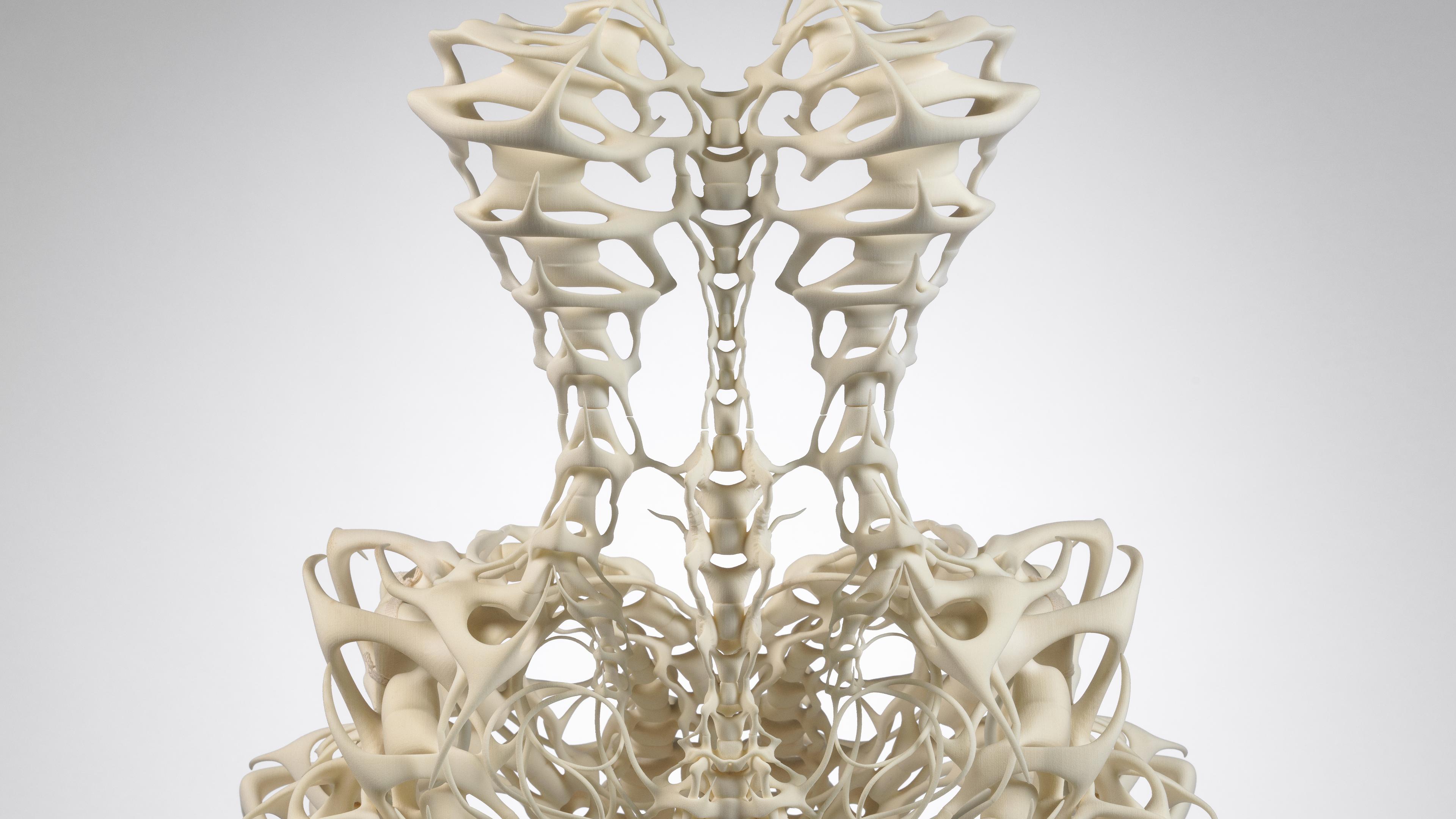 Detail of dress made from fake human bones