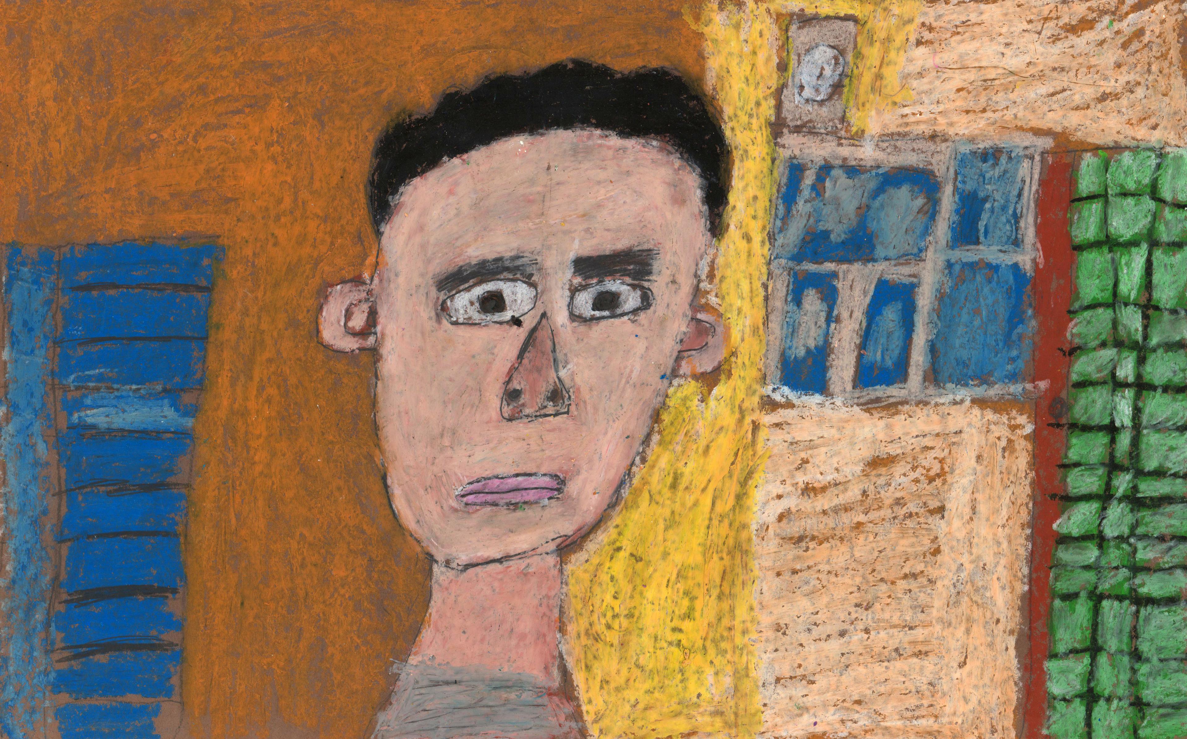 Pencil-and–oil pastel self-portrait of a young light-skinned boy. He appears in front of a brown wall and a blue door with black horizontal lines to the left, and a yellow wall to his right, followed by a beige wall with a blue framed window near the top, and a green door to the far right covered in a pattern of square black lines. The boy faces the viewer and has short black hair. A gray shirt is shown partially below his neck. He has thick black eyebrows, dark eyes, and a neutral expression on his face.
