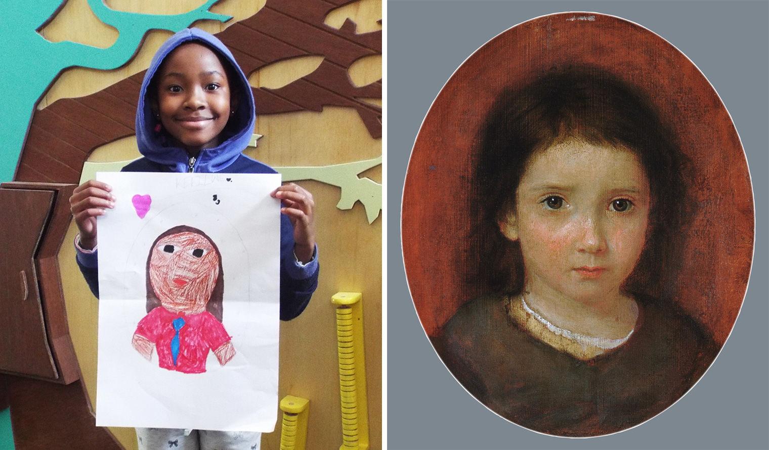 Kefilwe (left) holds up her self-portrait inspired by John Page's artwork (right).