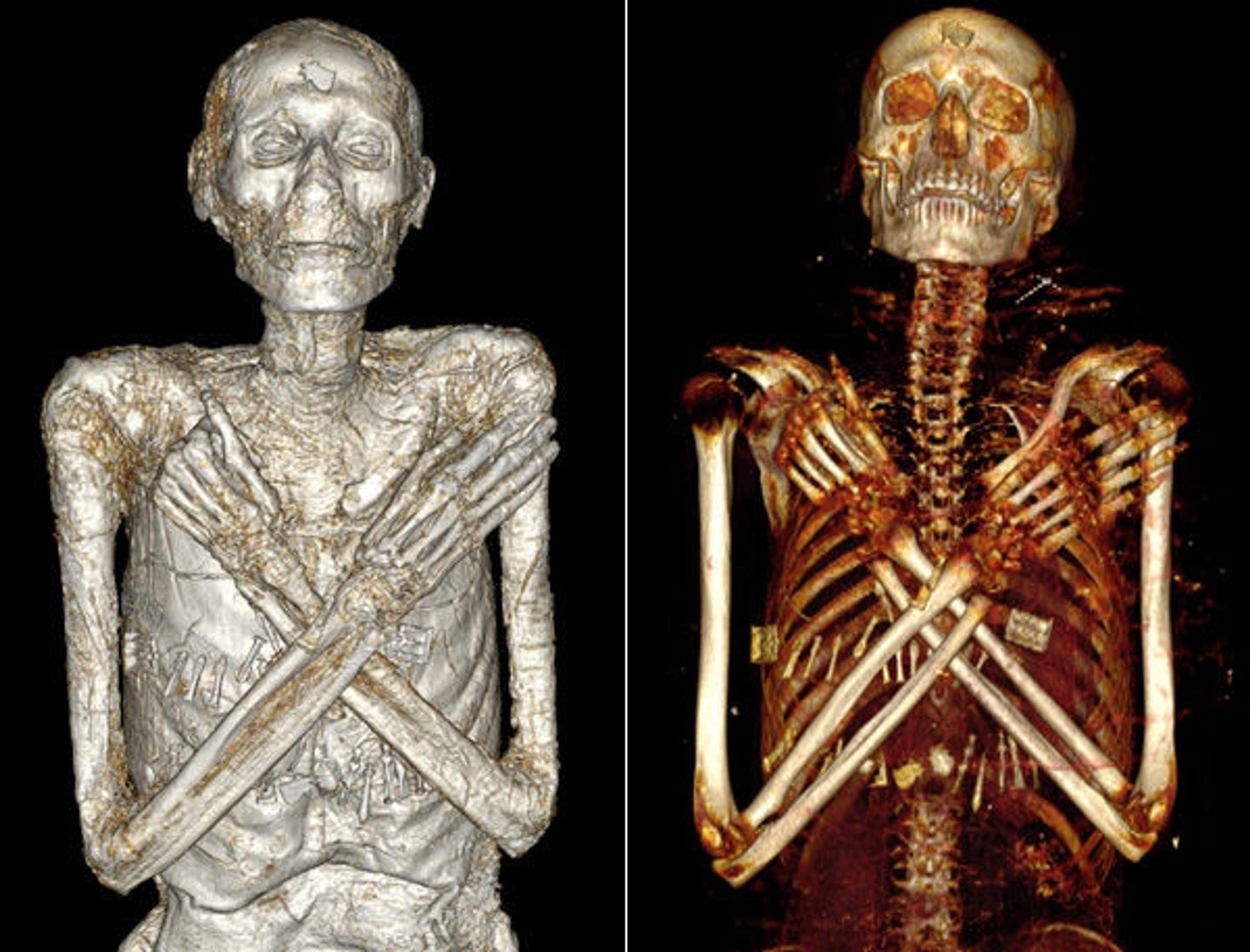 Left: Volumetric rendering of Nesmin with the wrappings digitally removed (2014); Right: Volumetric rendering of Nesmin's skeleton (2011)