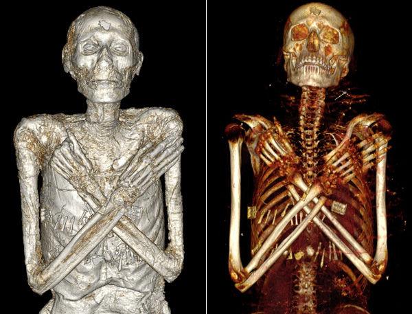 Left: Volumetric rendering of Nesmin with the wrappings digitally removed (2014); Right: Volumetric rendering of Nesmin's skeleton (2011)