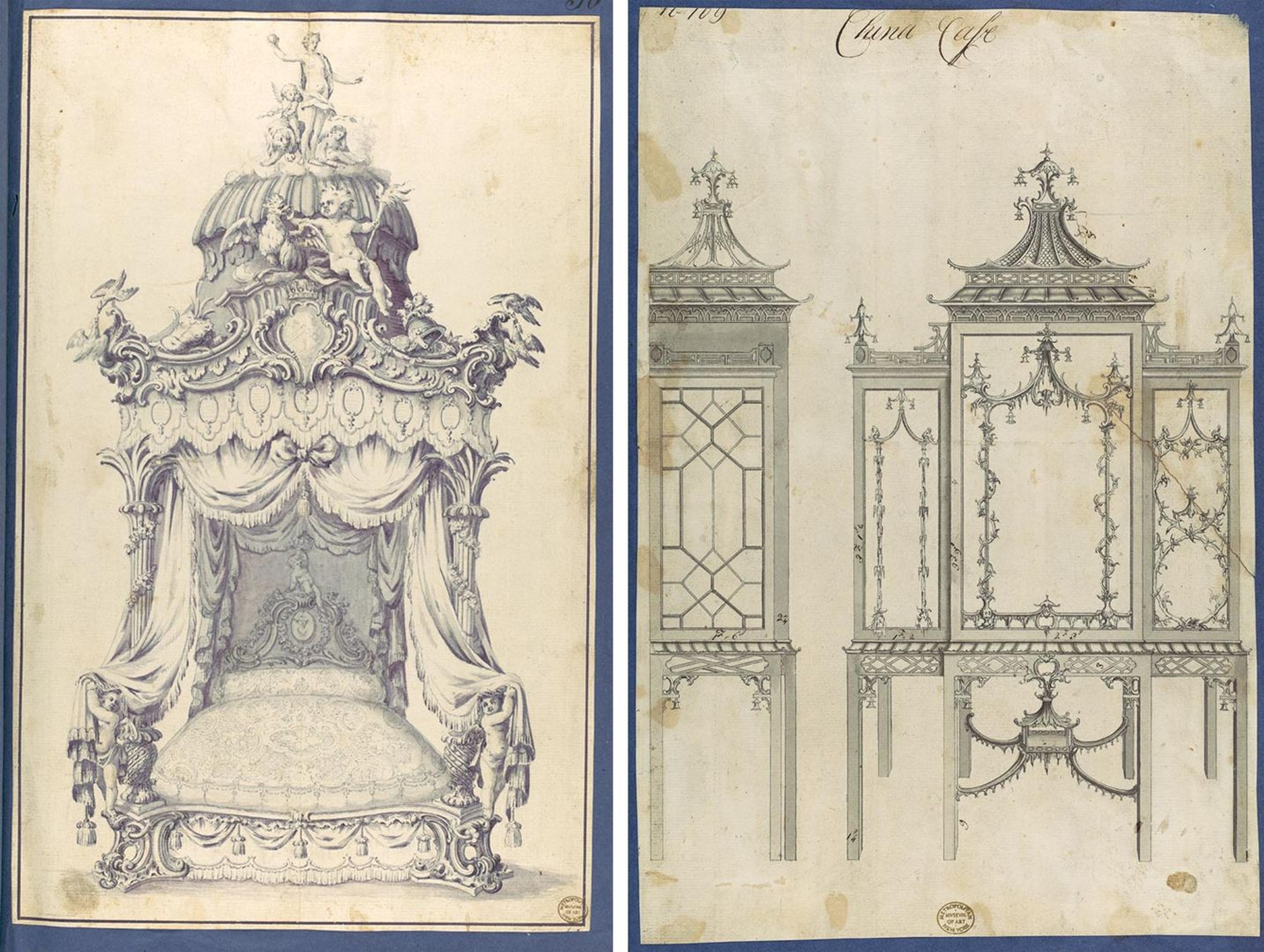 Design drawings by Thomas Chippendale of a state bed (left) and china case (right)
