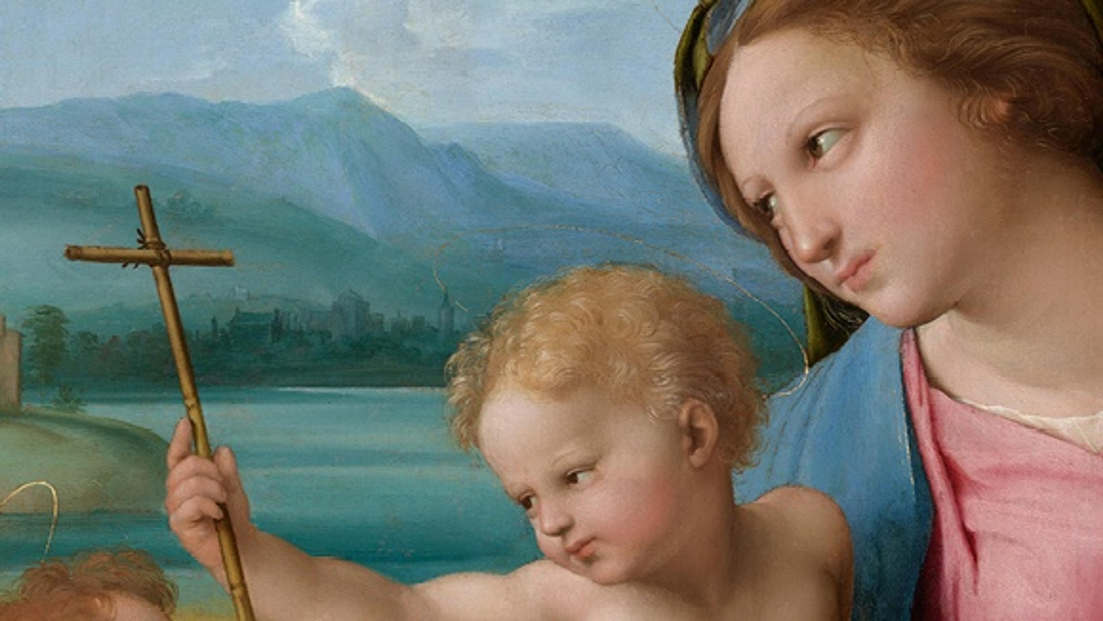 A painting of the Virgin Mary and child on a mountainous lake background. The child holds a thin wooden cross.