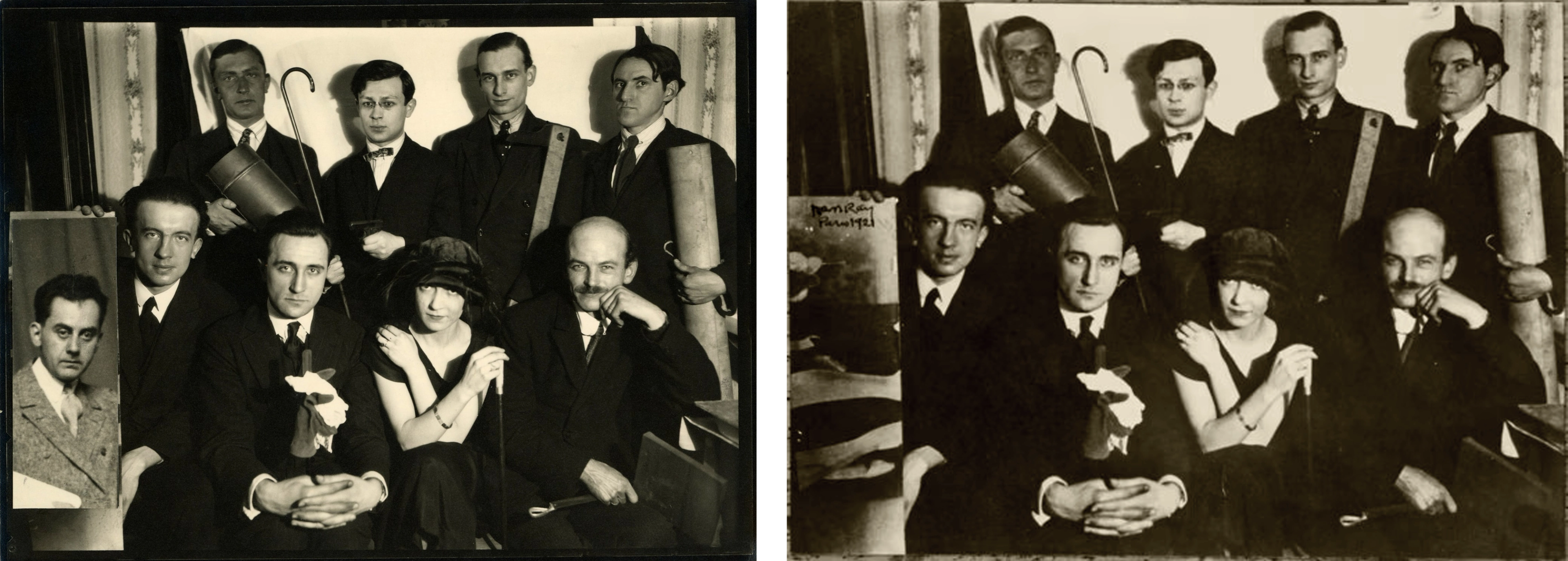 Two black-and-white photographs of a group of people. On the left, a man holds a large photo of another man, while on the right the same man is holding a mirror.