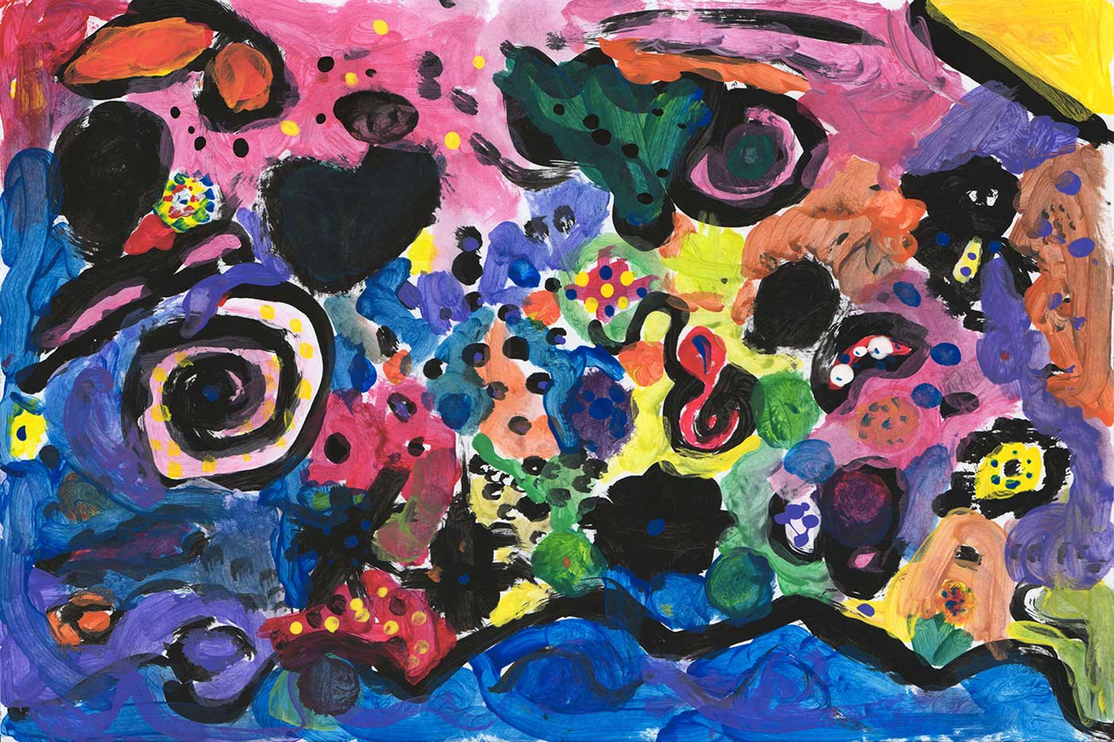 Drawing of a colorful, abstract underwater scene.