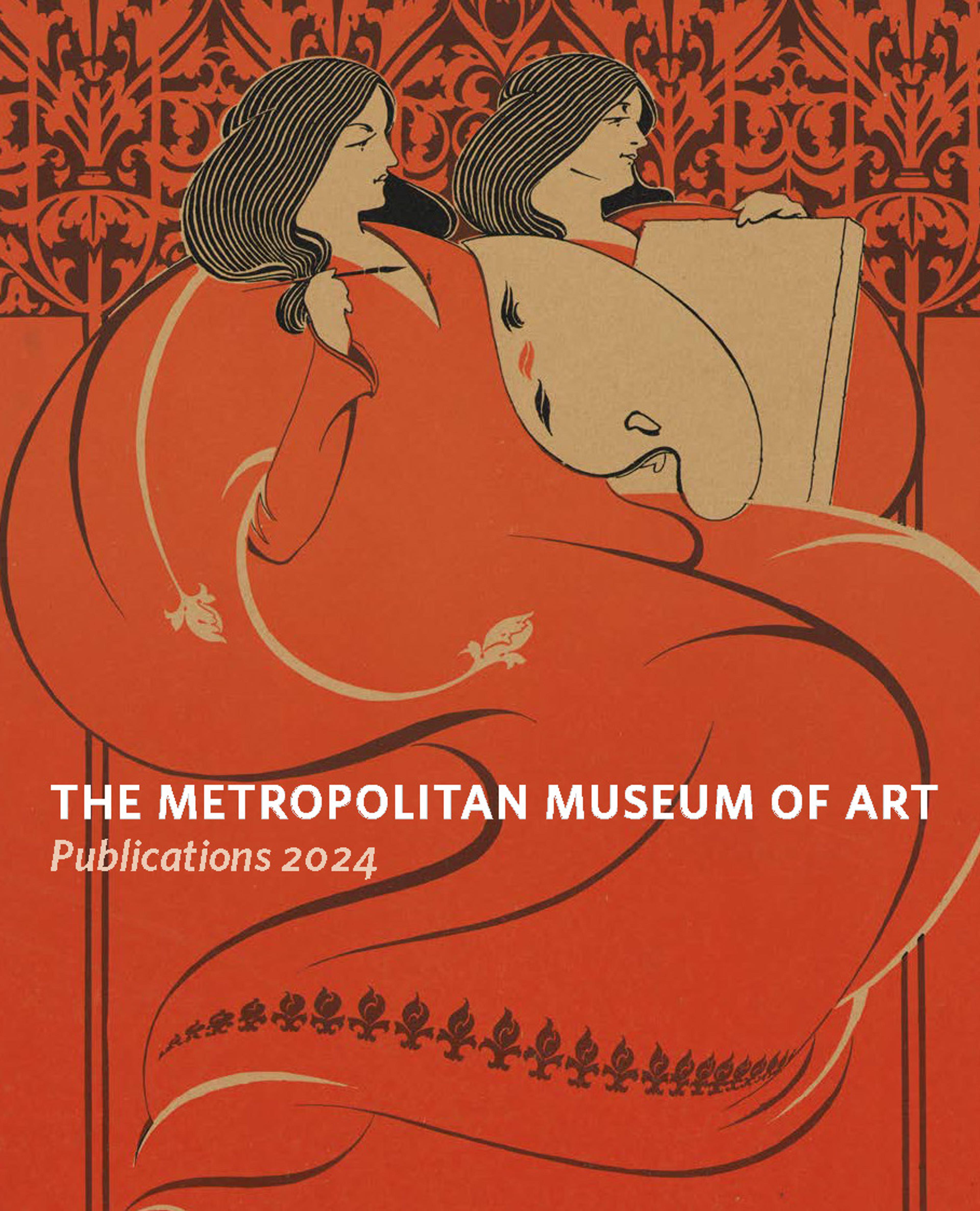 Detail of the image by Elisha Brown Bird used to advertise the March edition of The Poster, featured in The Art of the Literary Poster. Titled Miss Art and Miss Litho, the image shows two women dressed in red dresses on a red background. One holds and artist's palette and the other holds a lithography stone.  