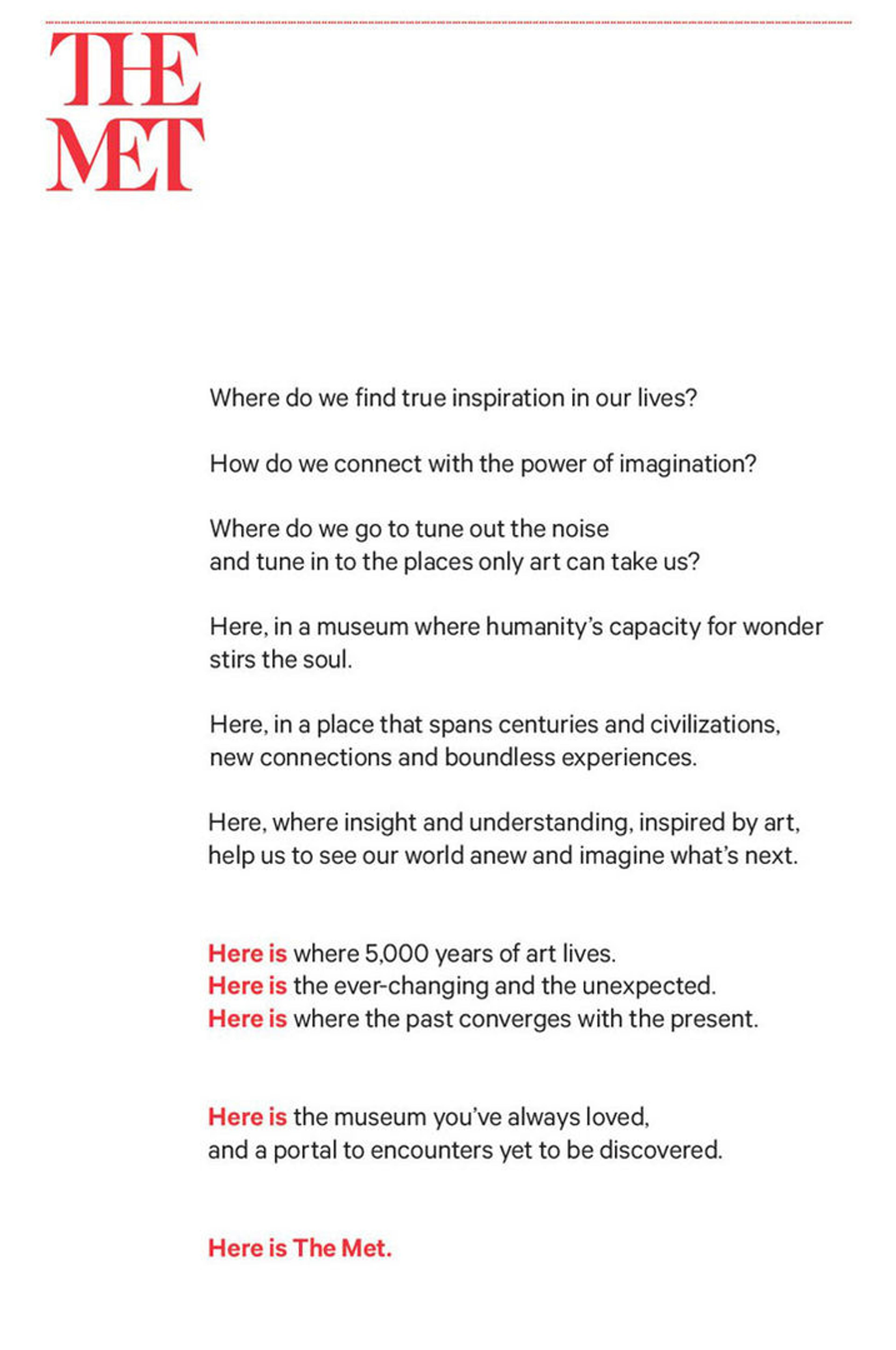 The Met's new manifesto, which was published in the March 1, 2016, edition of the New York Times