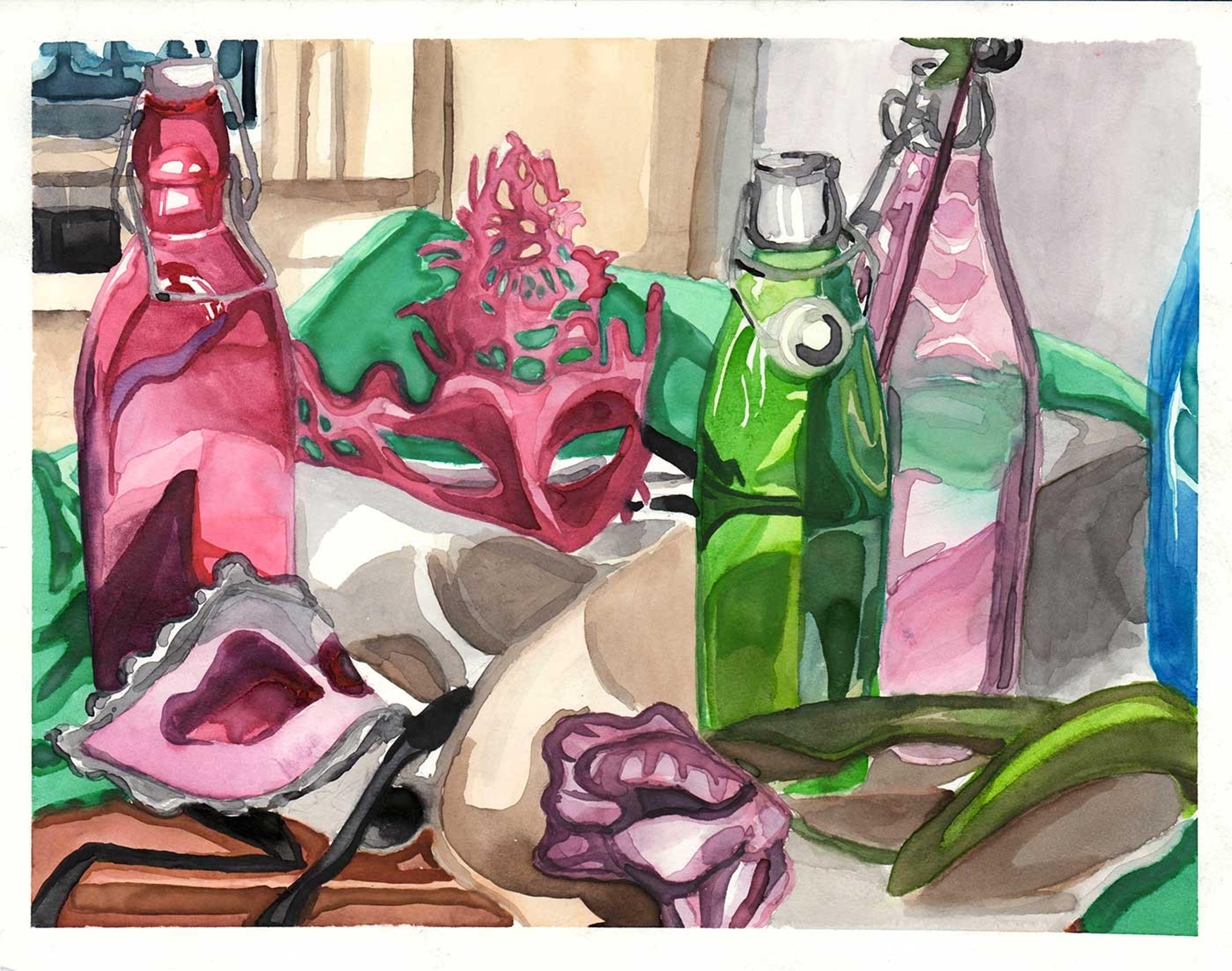 Still life painting with green and pink bottles.