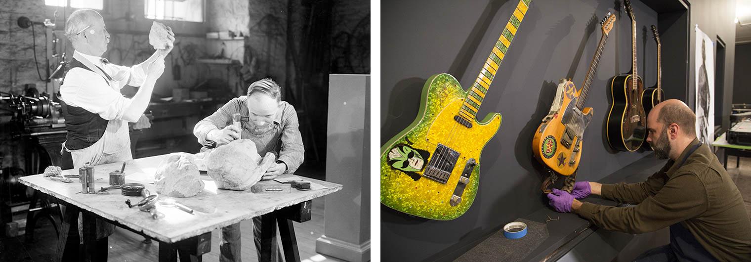 Left: Conservators restoring ceramics in a workshop. Right: A conservator mounting a guitar on a custom mount.