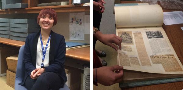 Left: Bailey Chui, summer graduate intern in the Museum Archives, tells me about her internship experience. Right: One of the scrapbooks Bailey rehoused, containing old newspaper articles that mention the Met.