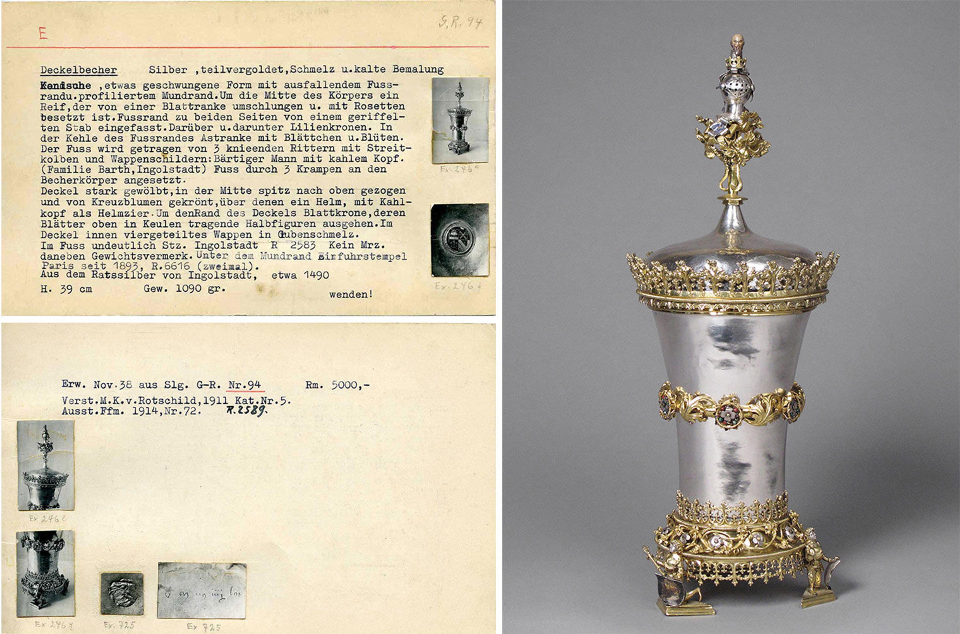 Images of silver beakers and two index cards from WW II