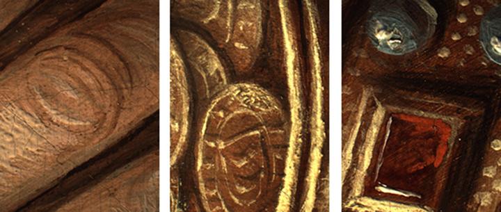 Photomicrographs showing various textures and surface effects. From left: Flesh from the middle finger knuckle of the oldest king; coins from a gift; jewels and pearls on a brocade fabric decoration