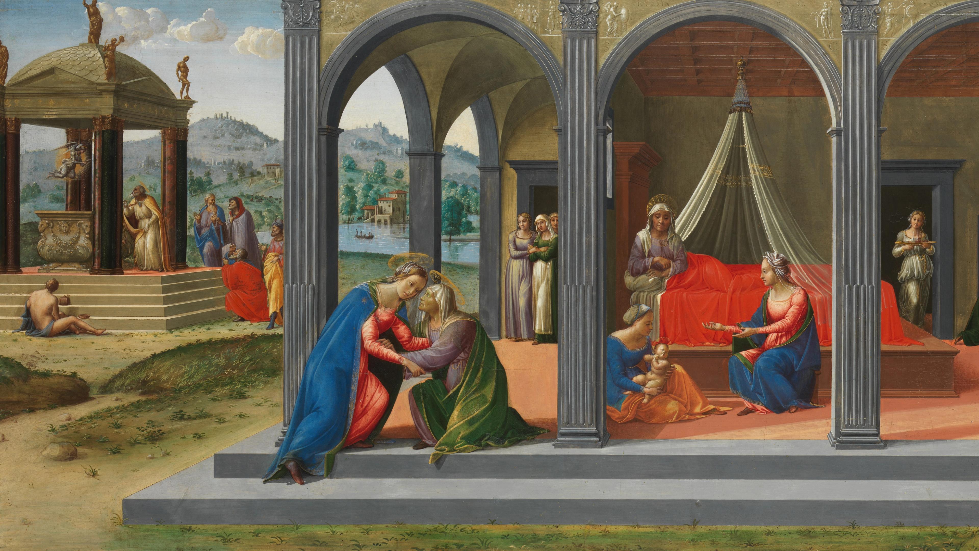 At the far left in the midground, men in robes walk up steps to an altar canopy. In the foreground, three quarters of the painting is dominated by a large building with an open colonnade and populated by several women in Renaissance garb.