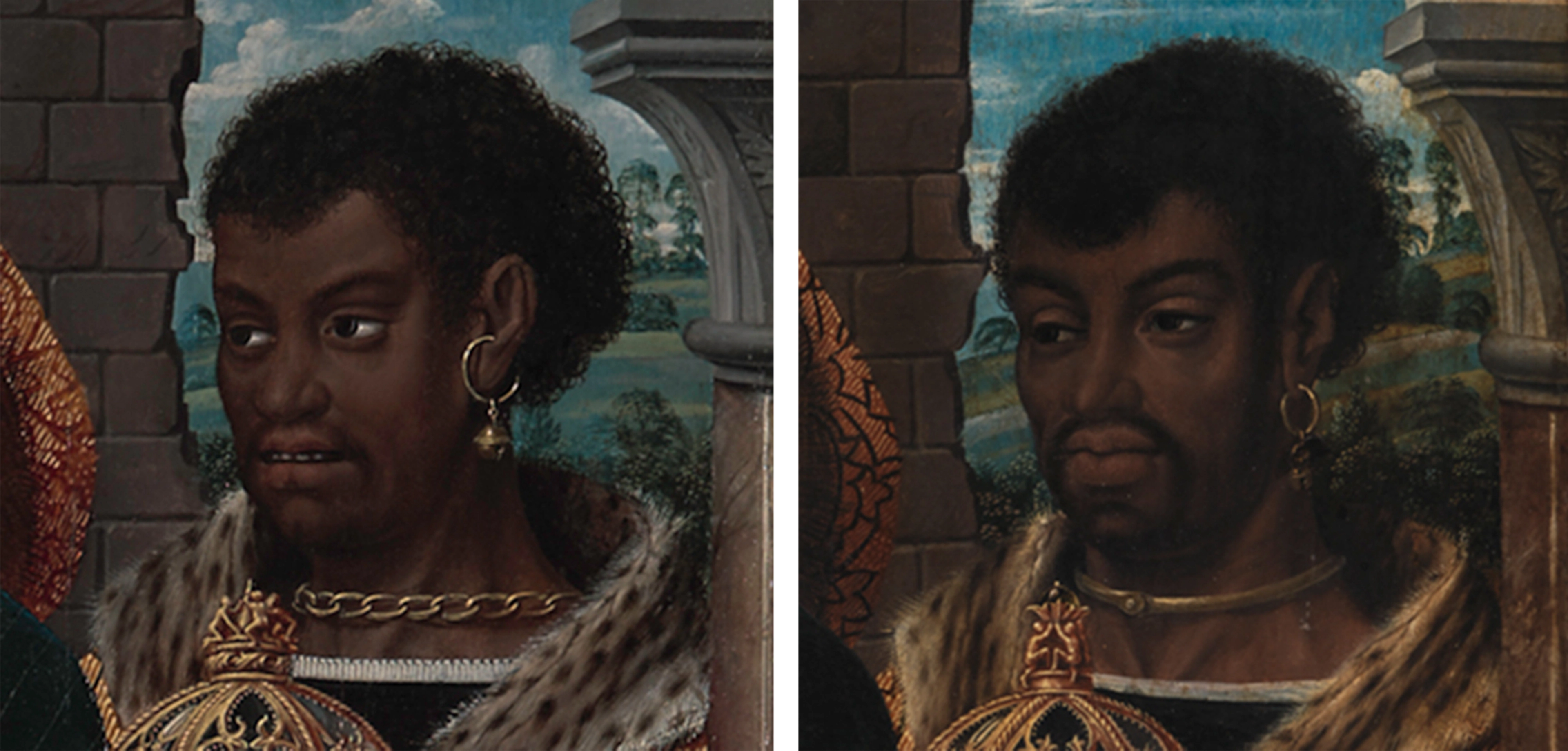 Diptych showing a detail of the youngest king from The Met's Adoration of the Magi at left, and the Copenhagen panel's ox at right