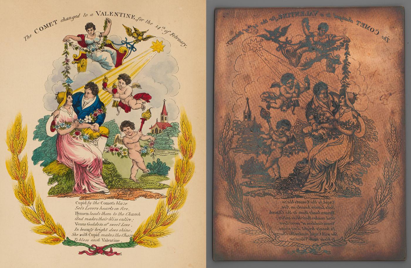 Valentine of seated couple and its copper printing plate.