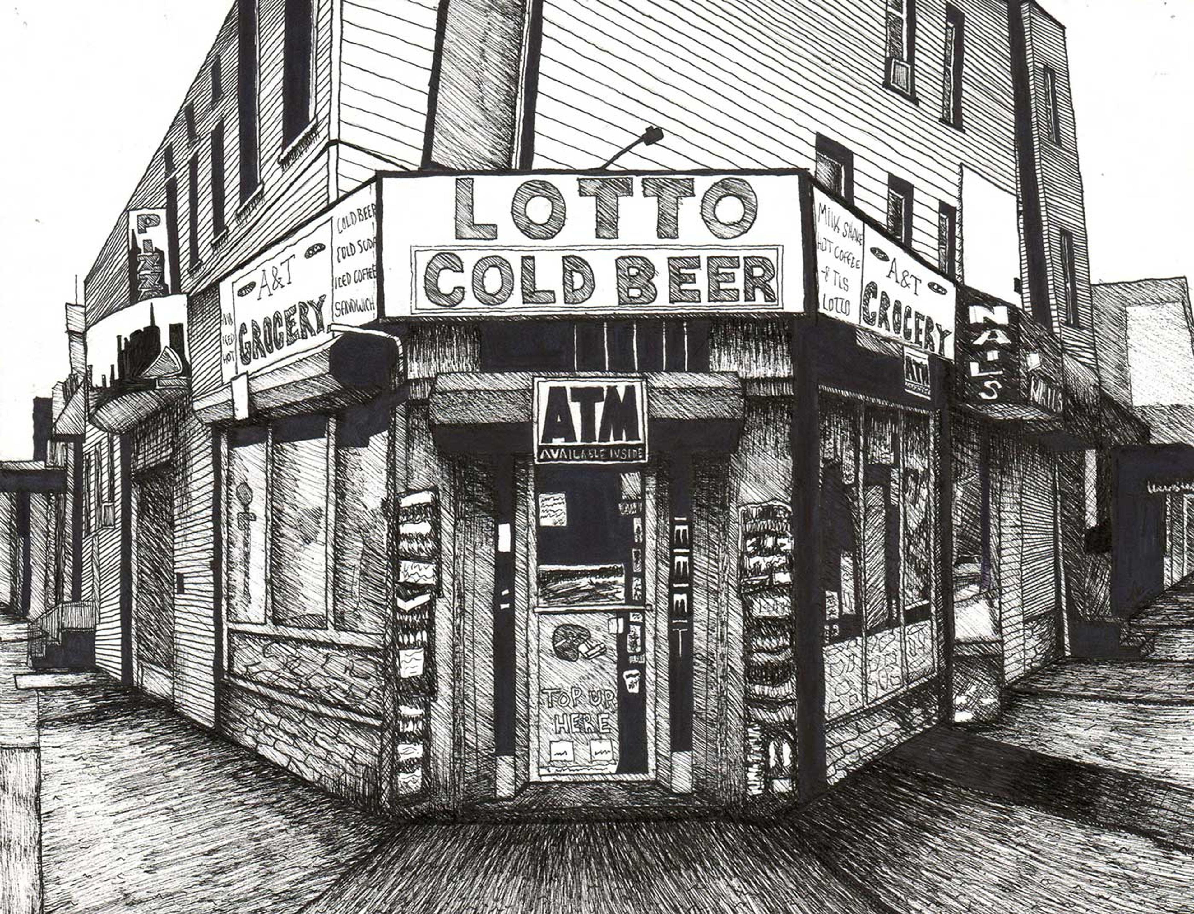 Pencil drawing of a corner grocery store.