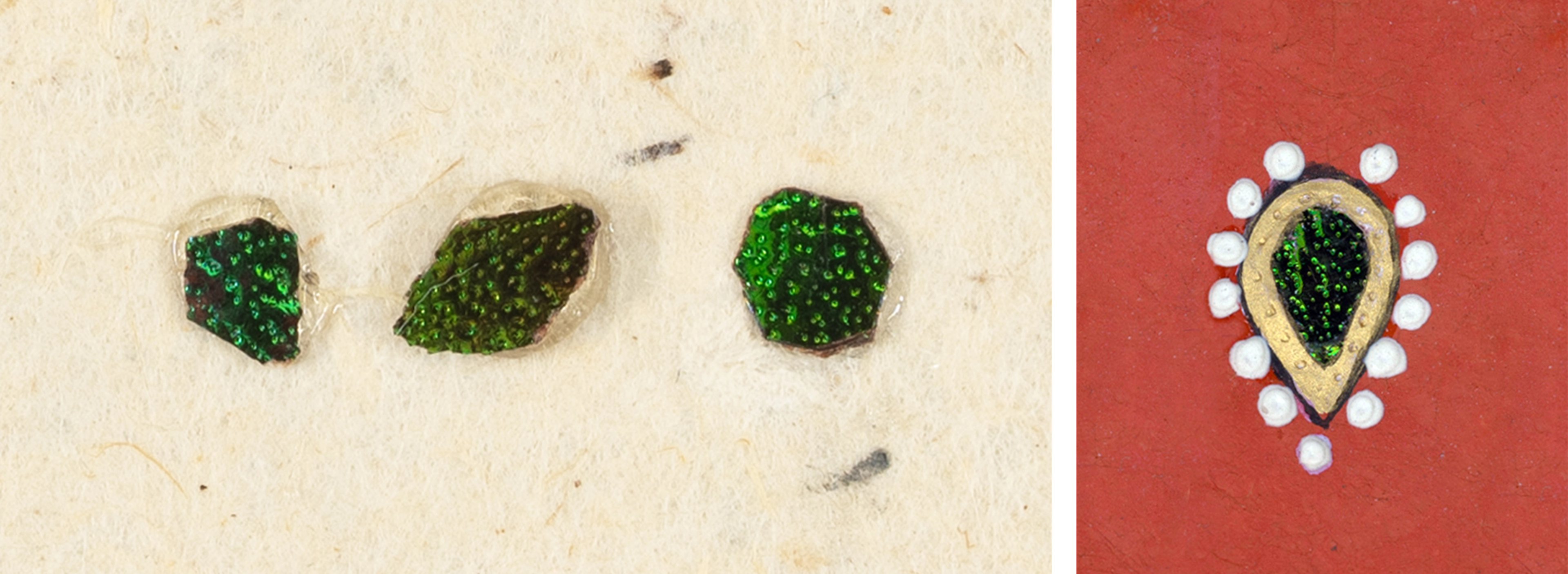 Diptych showing beetle-wing case fragments at left, and a beetle-wing inlay surrounded by dots of paint at right.