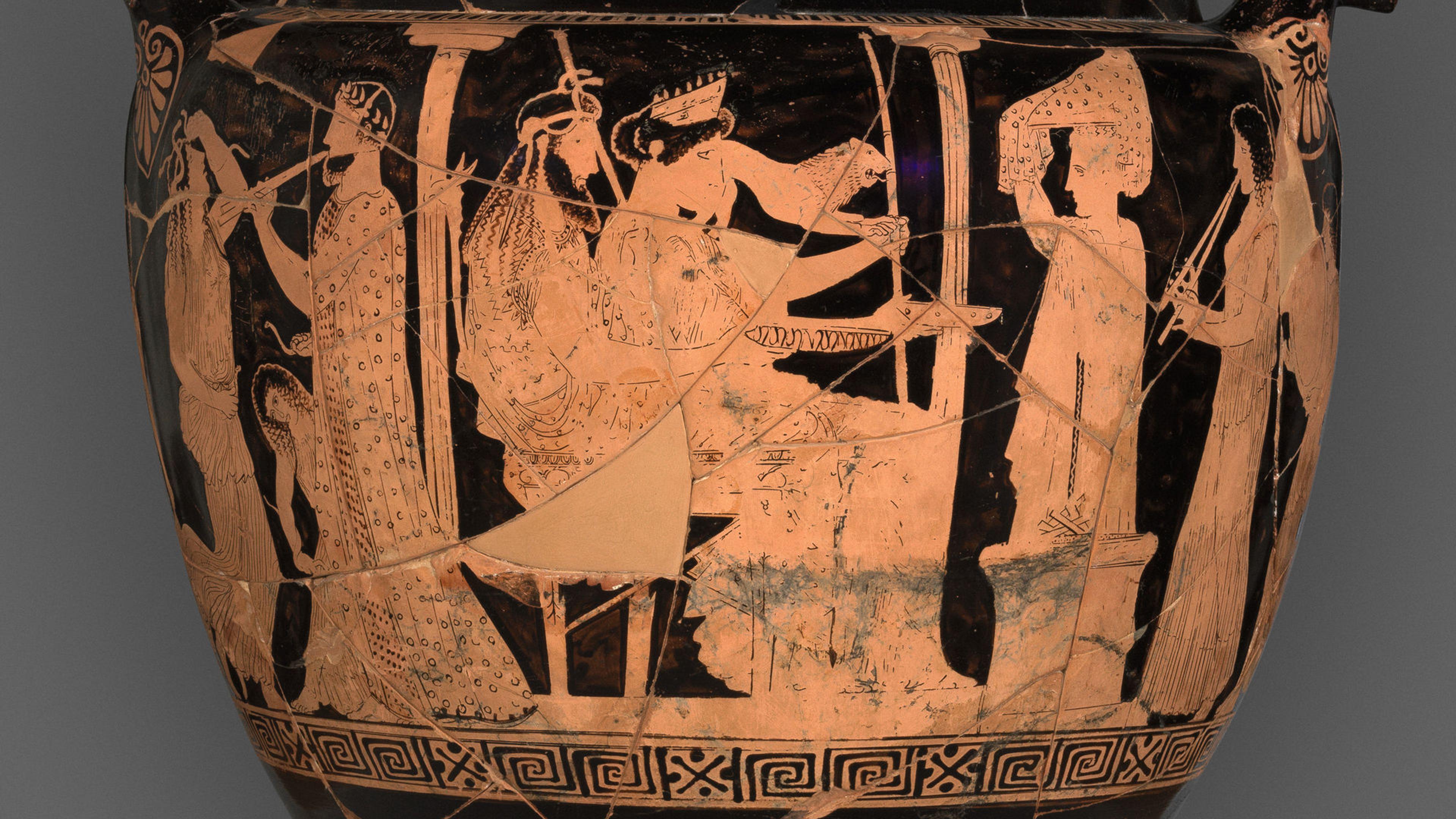 Detail image of the volute-krater that shows the divine couple seated between two columns, flanked by a priestess and figures playing instruments.