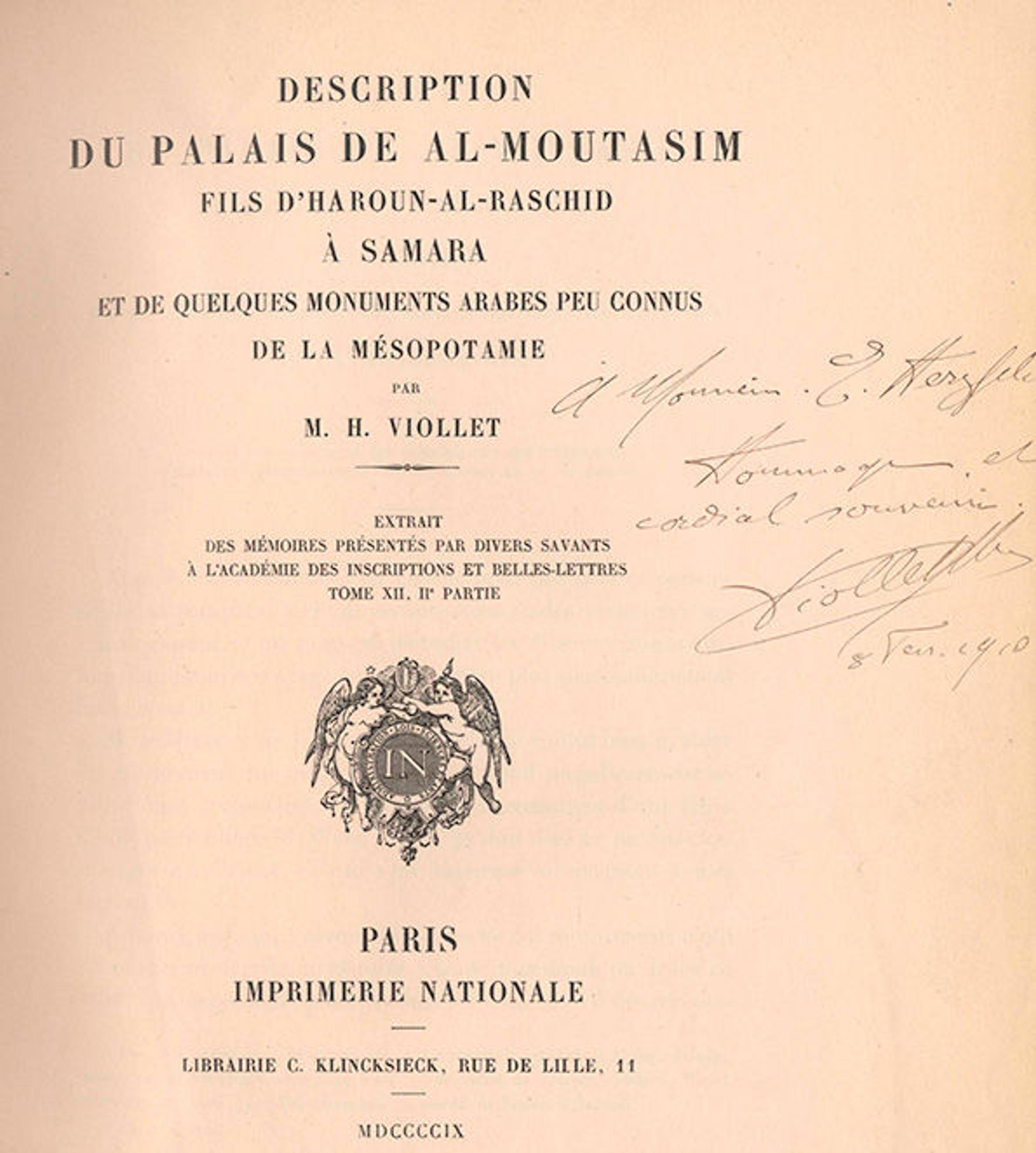 Front page to Herzfeld's copy of H. Viollet, Description du Palais de Al-Moutasim, fils d'Haroun-al-Raschid à Samara 