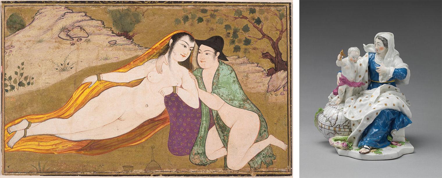 At left, two semi-clothed lovers lay together in an outdoor setting. At right, a porcelain sculpture of a seated Virgin Mary holding baby Jesus. The child is standing on top of a globe.