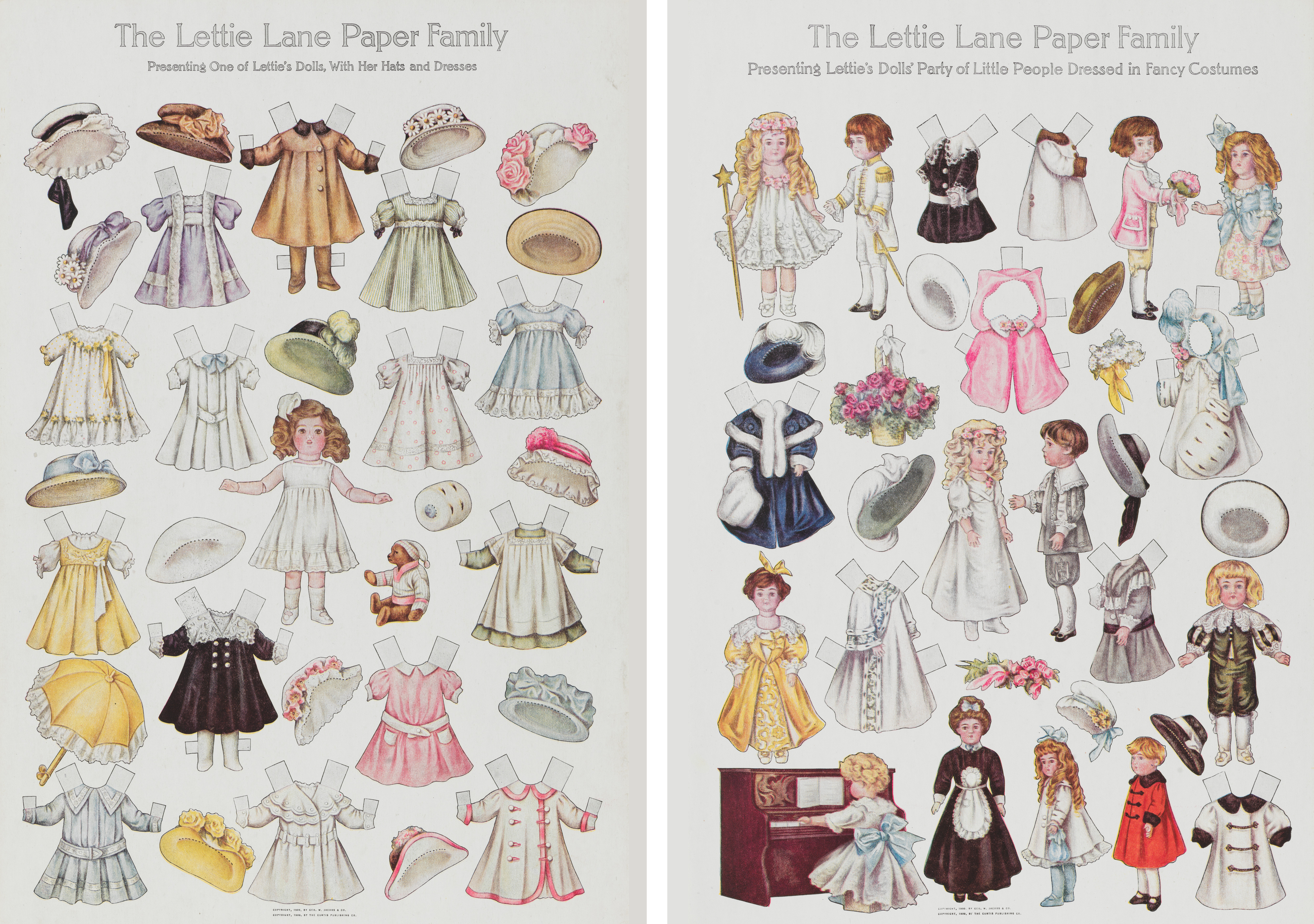 Two sheets with cutout outfits and figures for dressing up paper dolls.