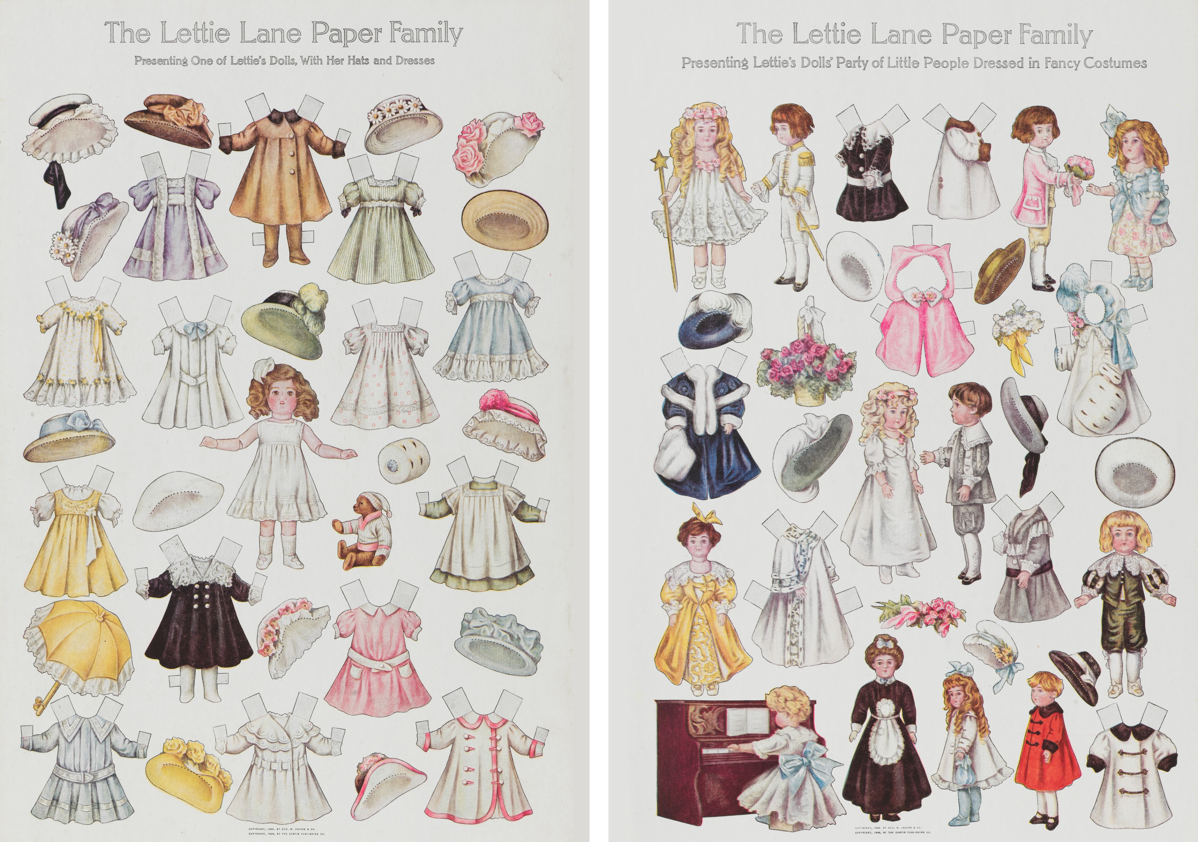 Two sheets with cutout outfits and figures for dressing up paper dolls.