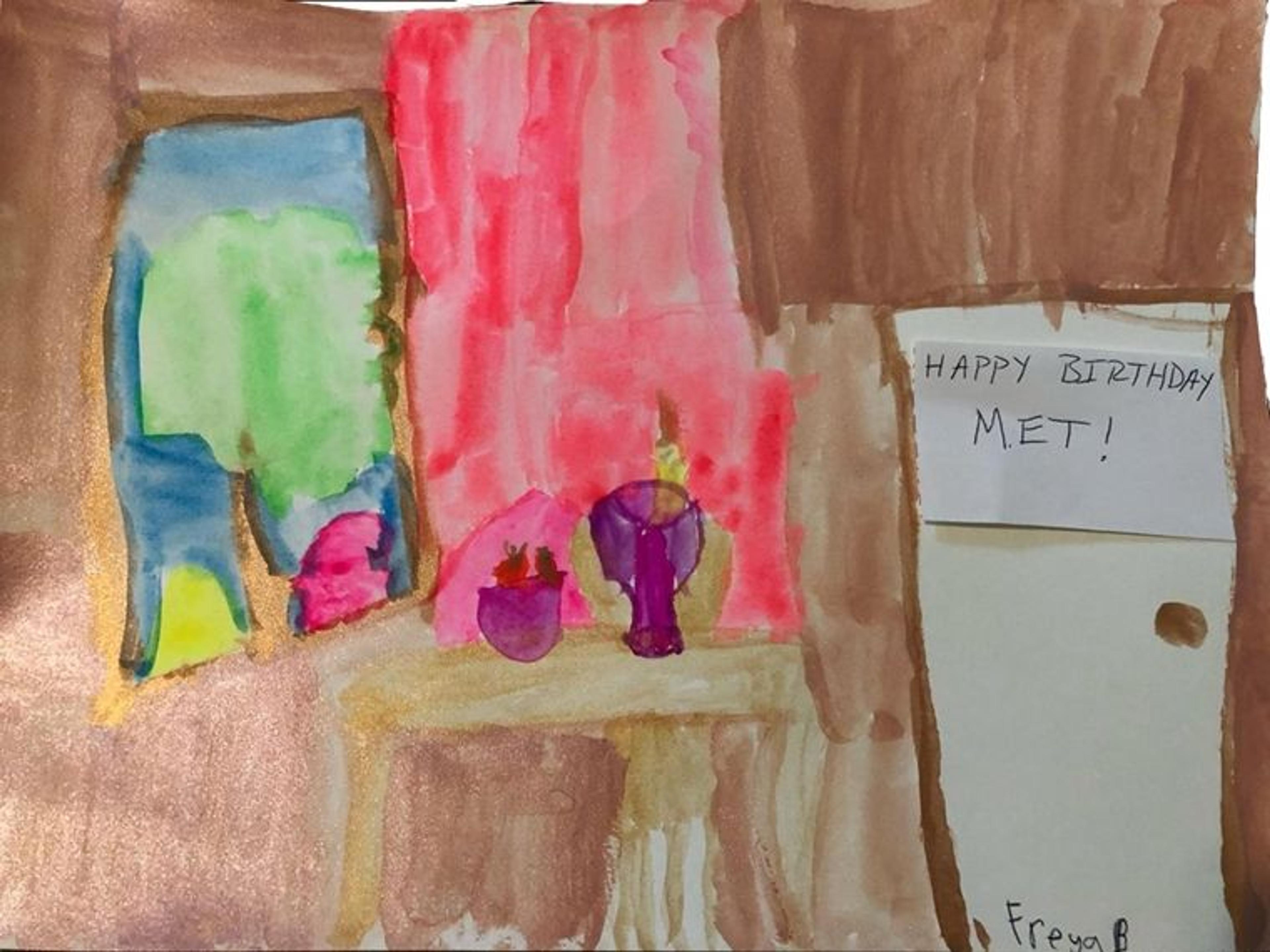 A colorful children's painting of a room with an open window, table, and door with a note on it reading "Happy birthday, Met!"