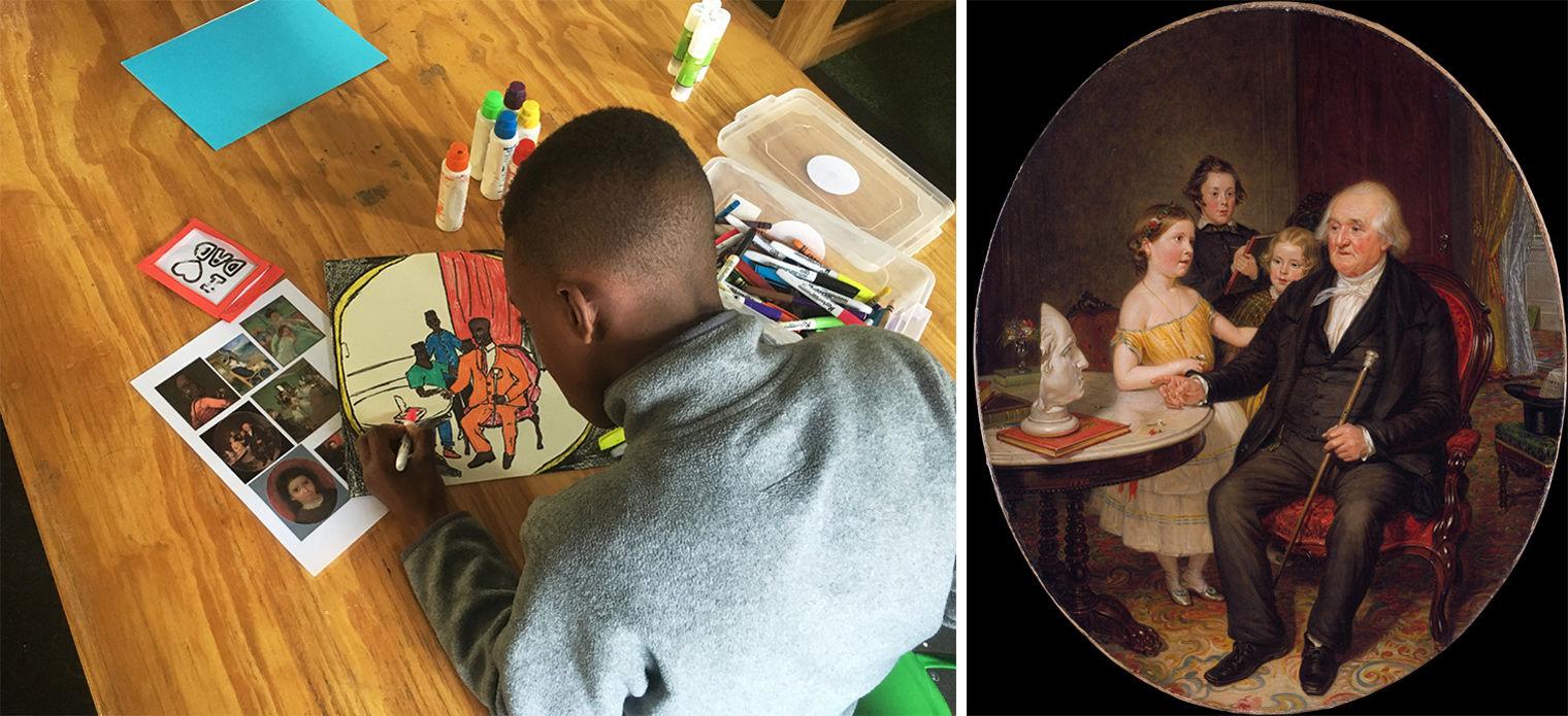 Thabo (left) colors his family portrait with red, orange, green, blue, and black. His inspiration (right) was a portrait of the Reverend Zachariah Greene and his family by William Sidney Mount.