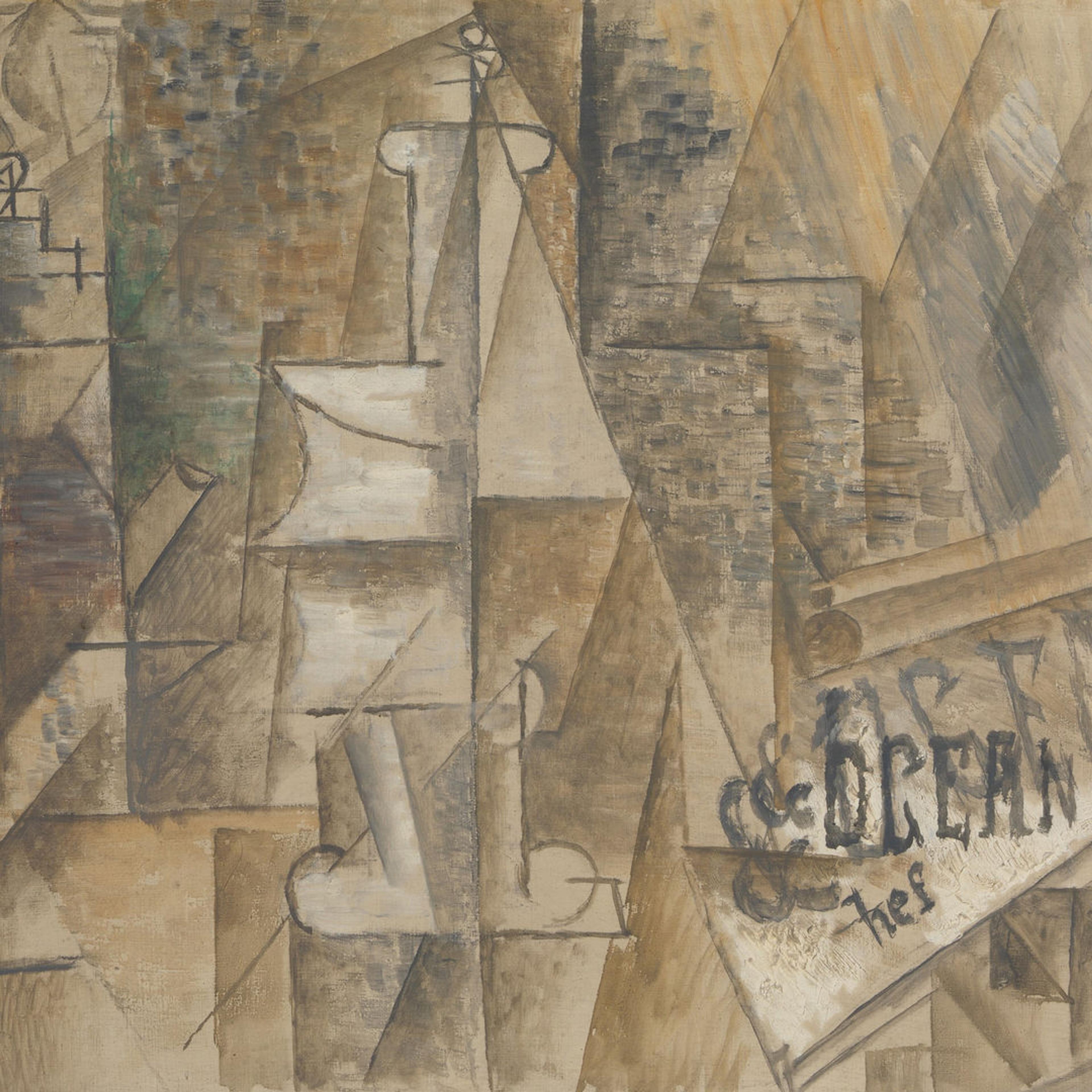 abstract cubist image with a lot of whites, browns, and greys and lines everywhere.