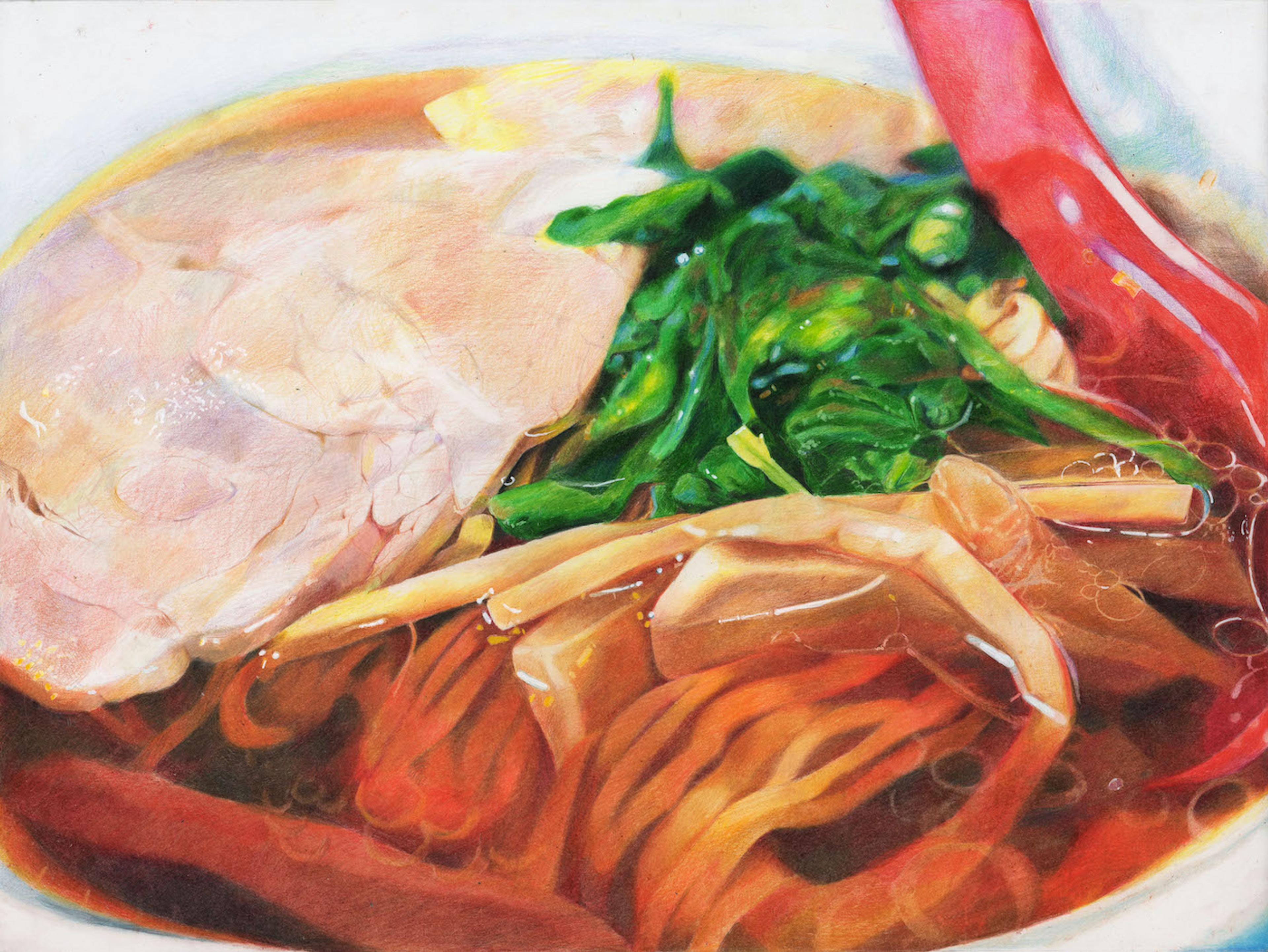 Colored pencil on paper illustration of a bowl of Asian food, including white meat, yellow noodles, green vegetables, and a red spoon dipped into clear broth. The entire image is drawn with extreme versimiltude in a photo- realistic style.