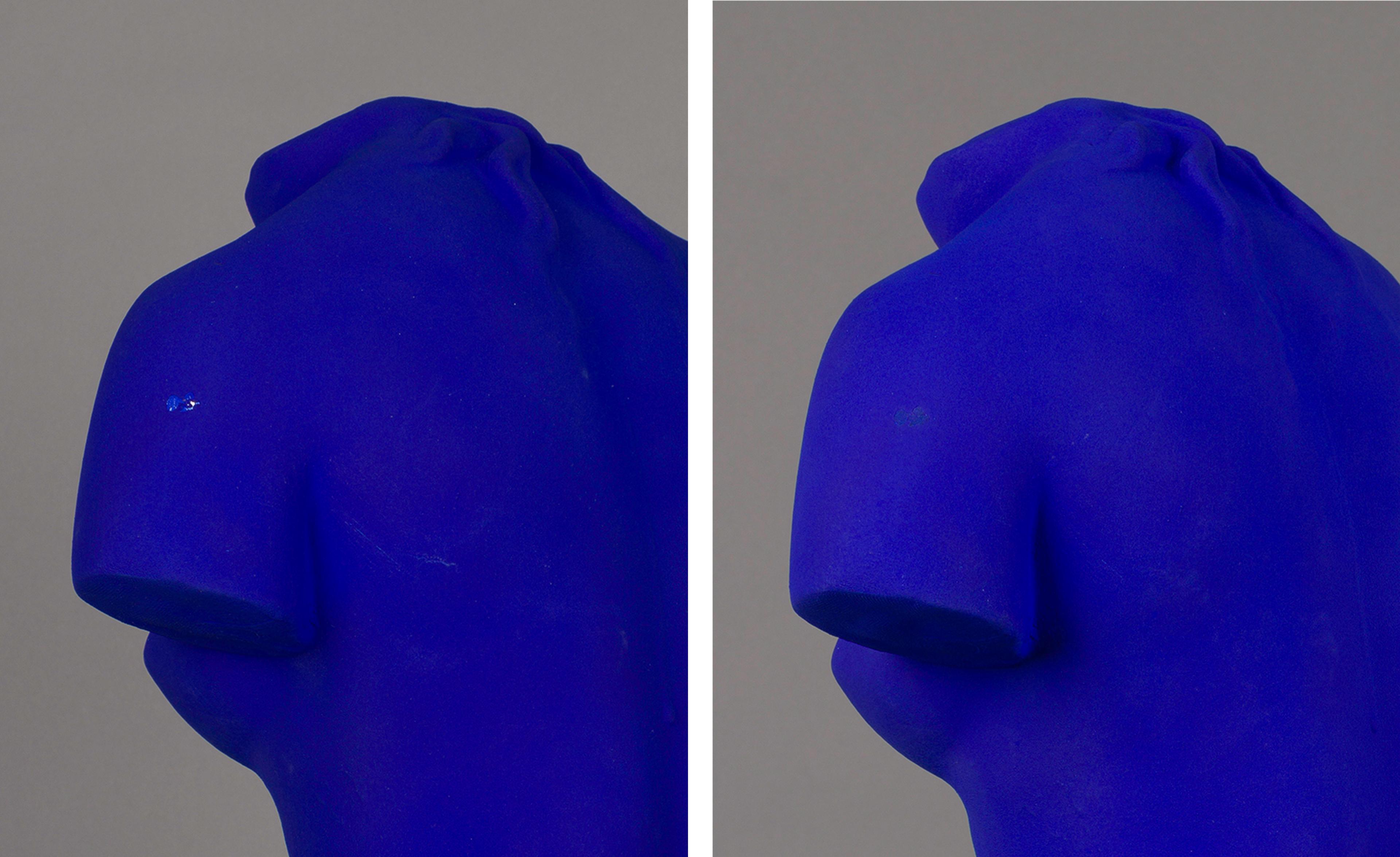 Detail of chipping in the Venus's left shoulder, and the treated result.