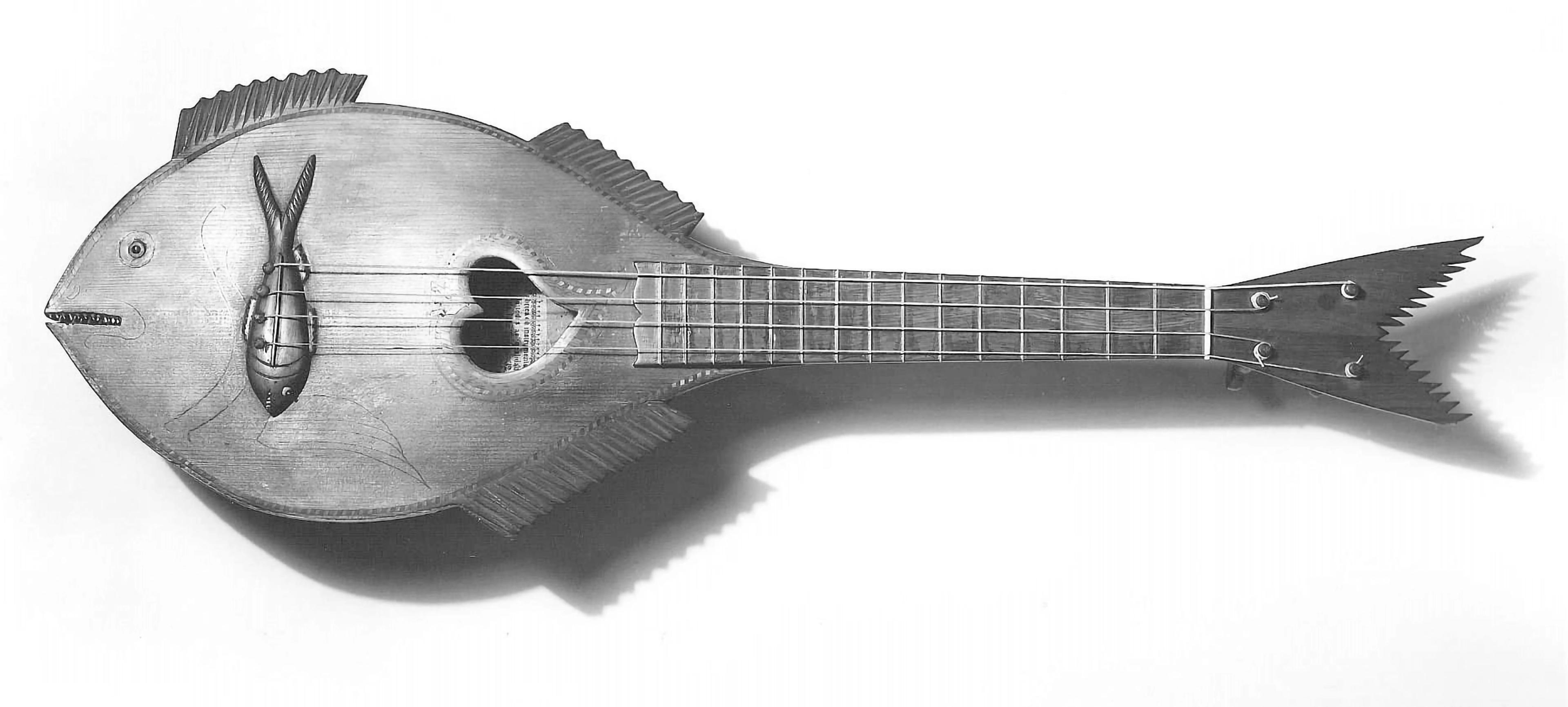 A fish-shaped stringed instrument with carved fins and a tail-shaped headstock.