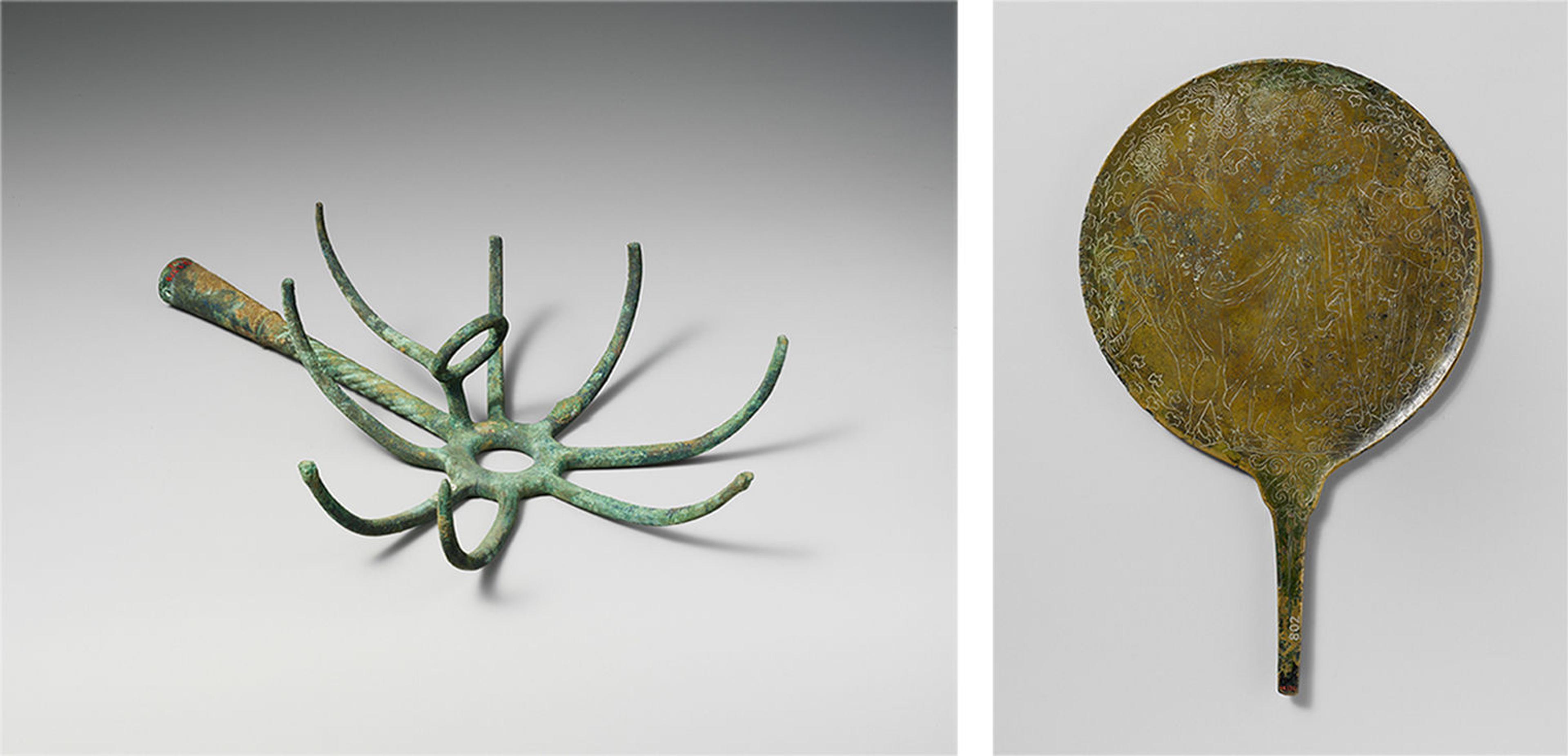 Two images of Etruscan torch holder and mirror.