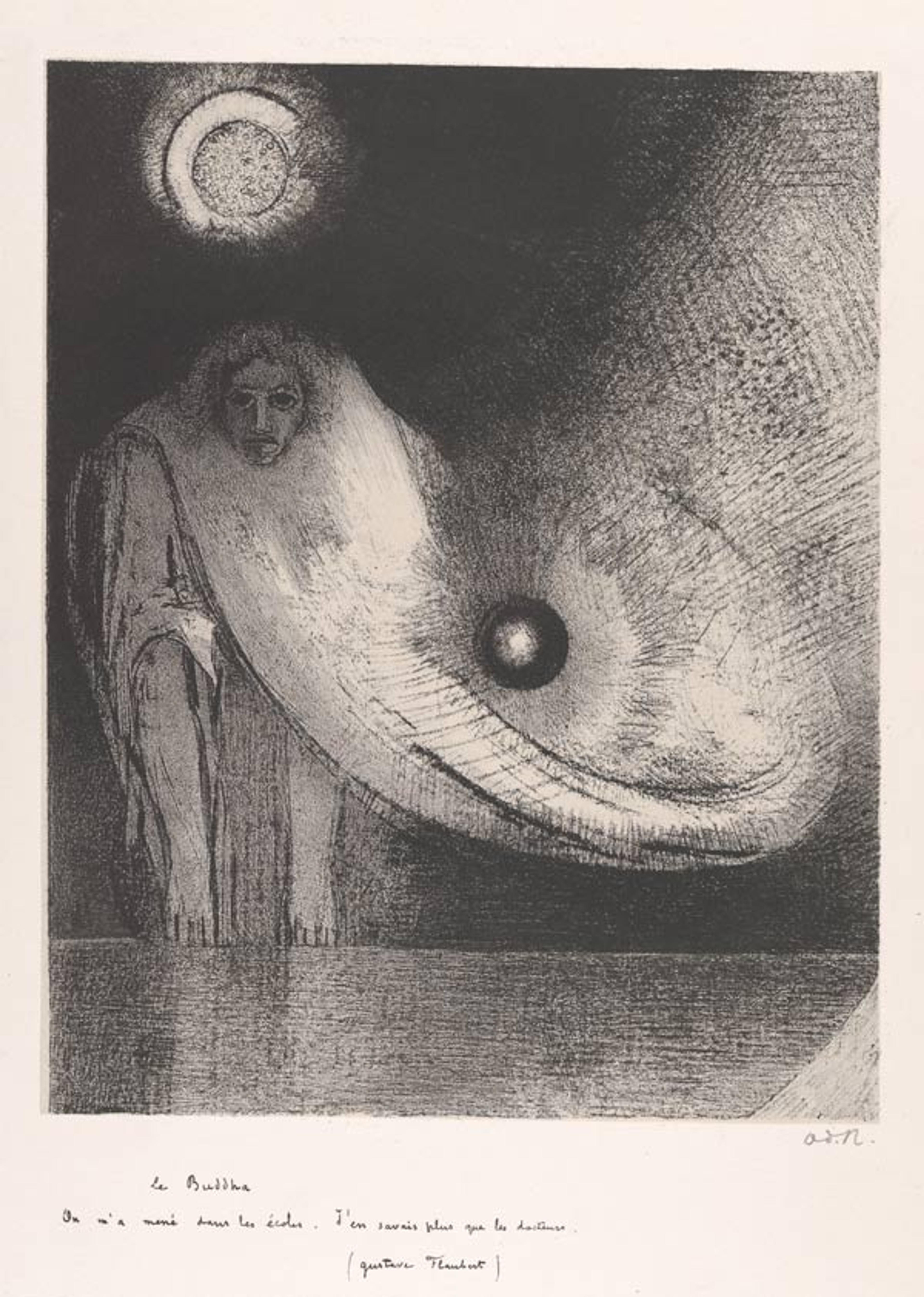 The Buddha (from L'Estampe originale, Album IX)U, 1895. Odilon Redon (French, Bordeaux 1840–1916 Paris). Printer Auguste Clot (French). Publisher André Marty (French, born 1857). Lithograph on chine collé; Image: 12 5/16 x 9 3/4 in. (31.3 x 24.8 cm). Sheet: 21 9/16 x 15 3/16 in. (54.7 x 38.5 cm). The Metropolitan Museum of Art, New York, Rogers Fund, 1922 (22.82.1-90)