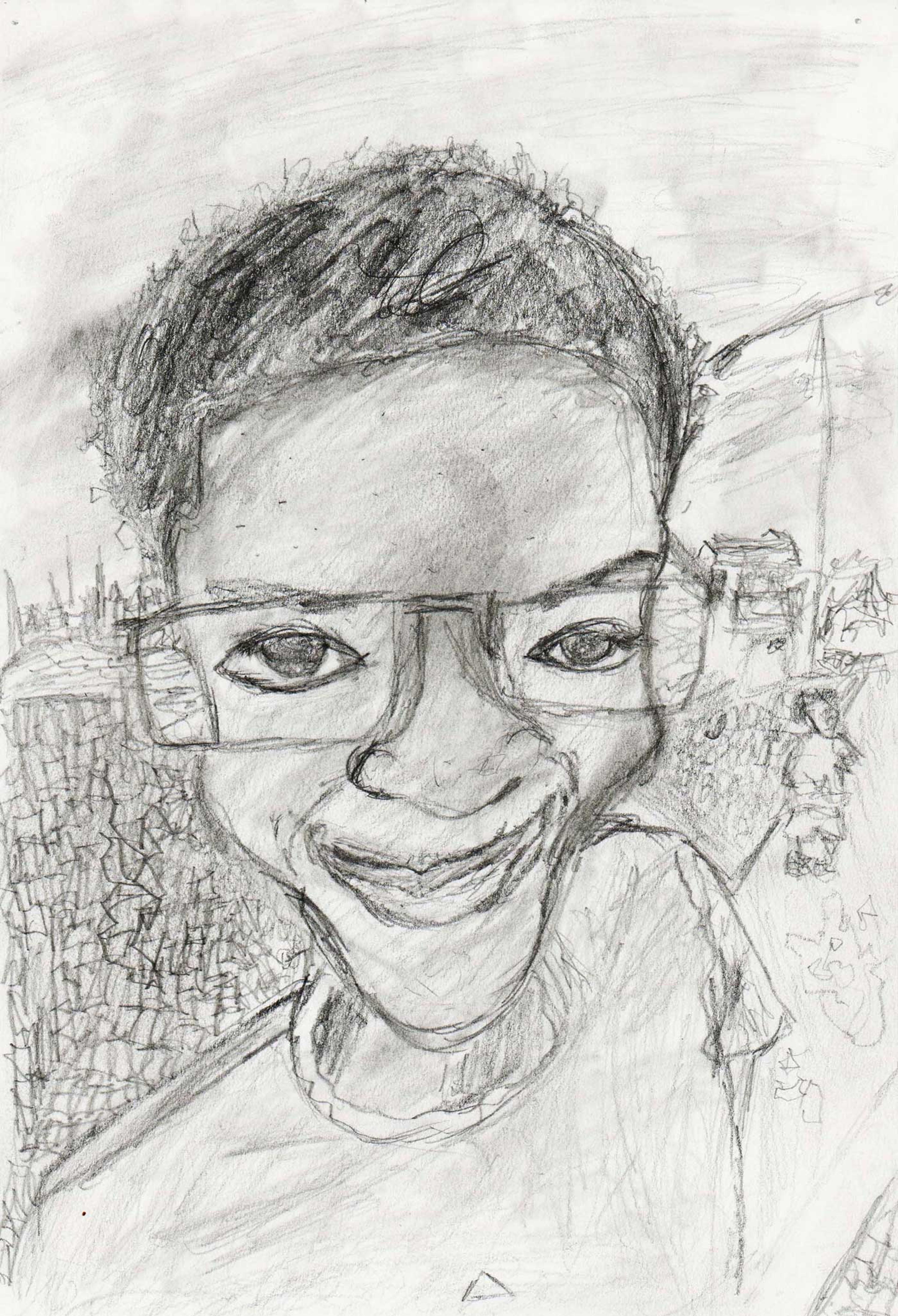 Pencil drawing of a young boy with glasses.