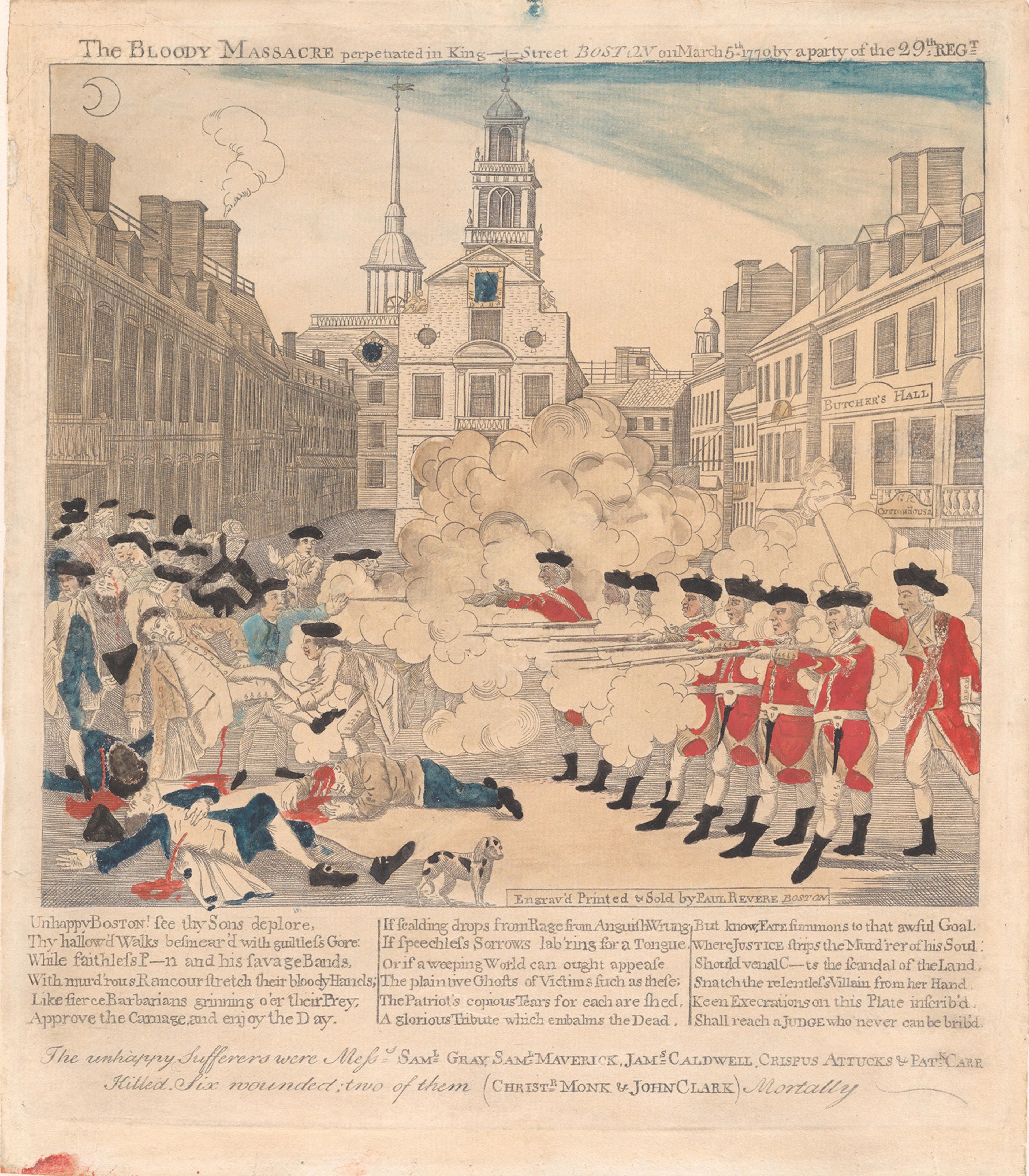Historical illustration titled "The Bloody Massacre" depicts British soldiers in red coats firing rifles at unarmed colonists on a Boston street. 