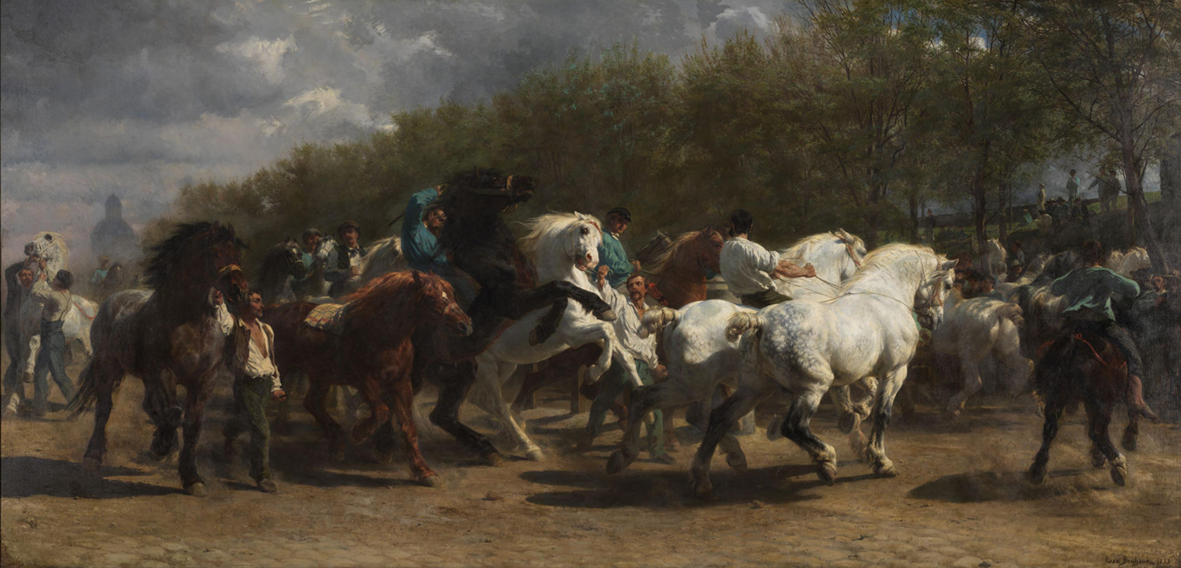 Large landscape painting depicting a group of lively horses at an outdoor market in Paris.