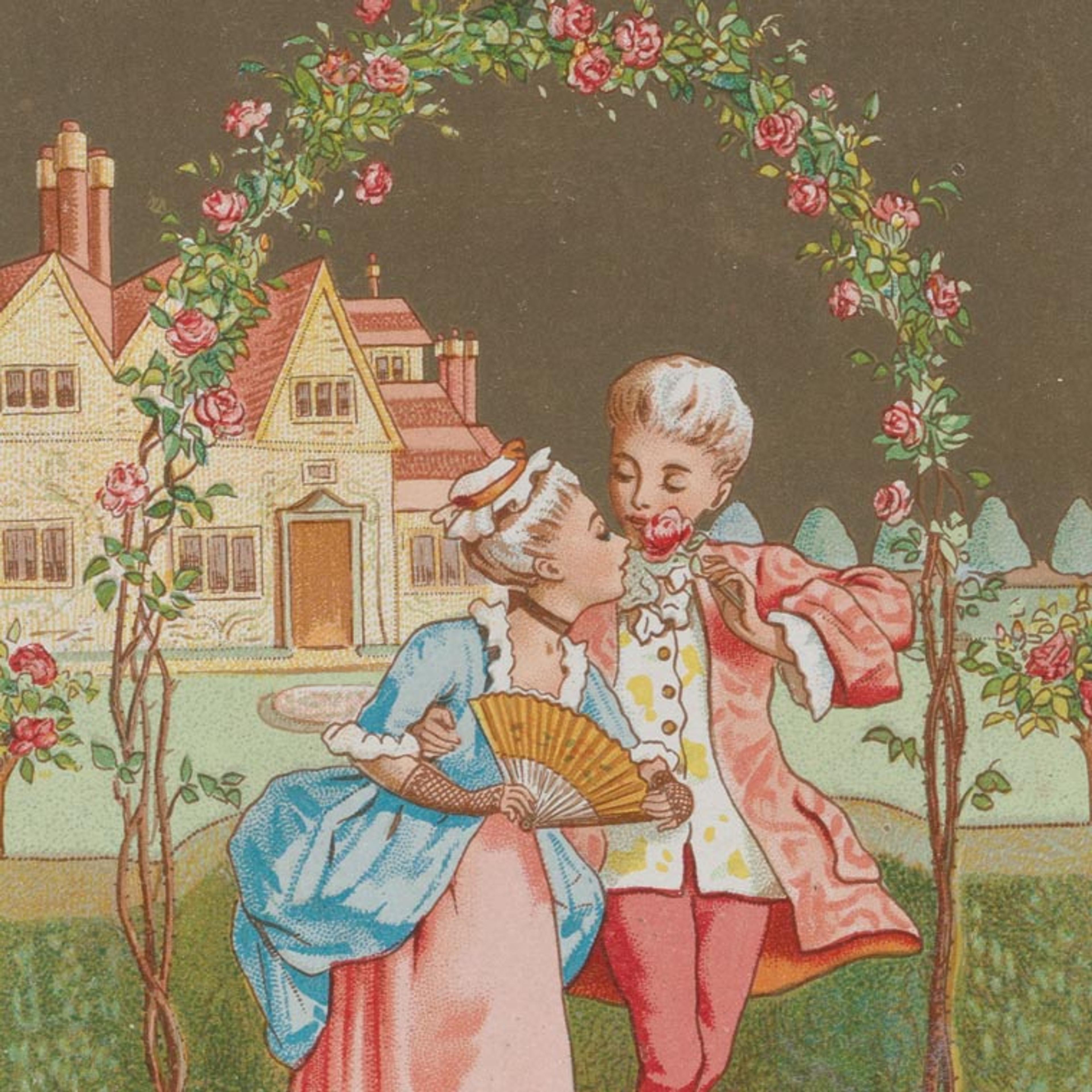 Detail view of a Kate Greenaway valentine depicting two young lovers in Rococo dress strolling through a floral arch
