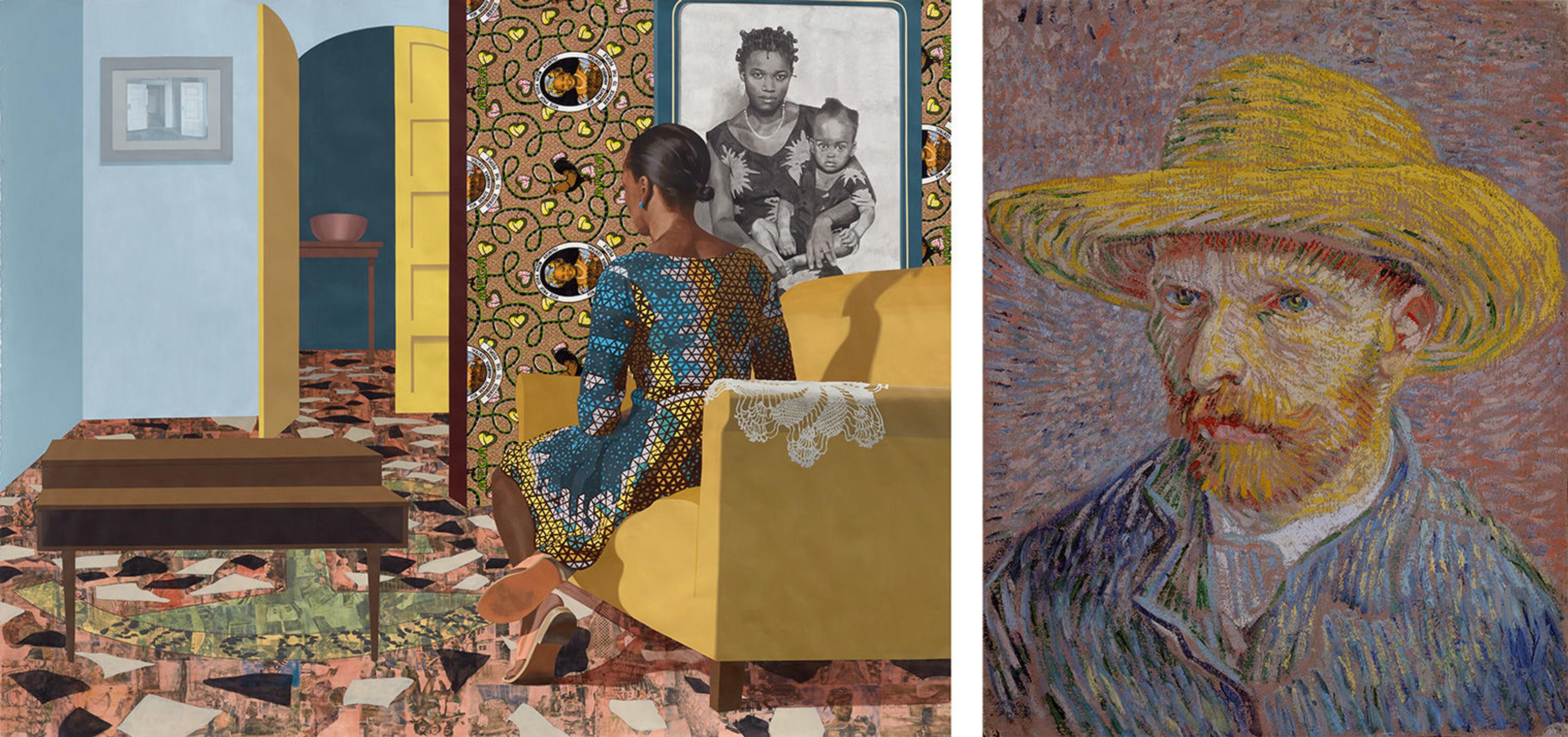 At left, a woman sits on a couch with her back to the viewer. The room is accented by portraits, and whimsical and geometric designs. At right, a self-portrait of Vincent van Gogh. He wears a yellow hat and blue jacket painted in thick, heavy strokes.