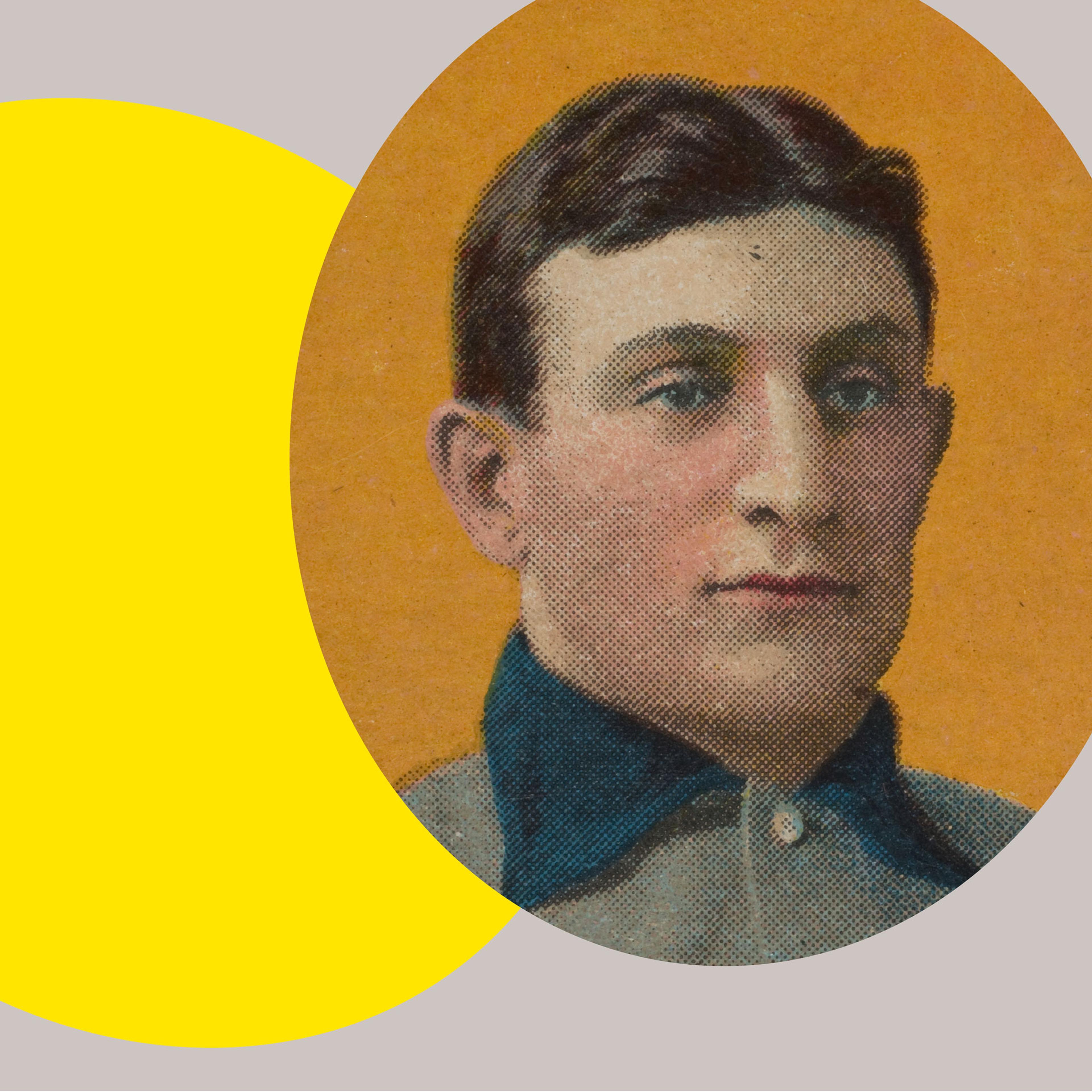 Baseball card featuring a portrait of a man, with a grayscale background and a bright yellow ovular spotlight shape accenting the portrait.