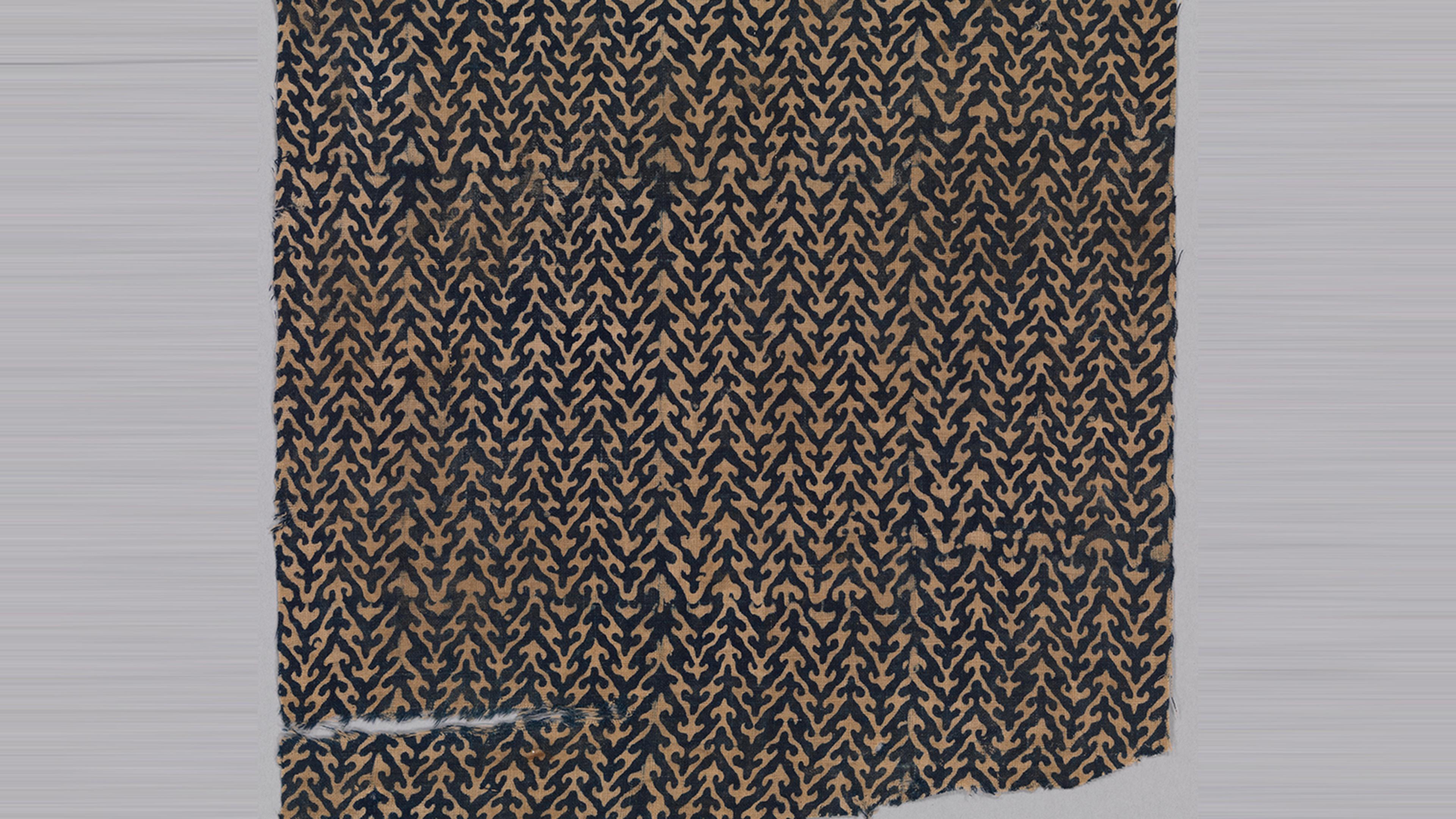 A plain-woven, block-printed, cotton textile fragment.