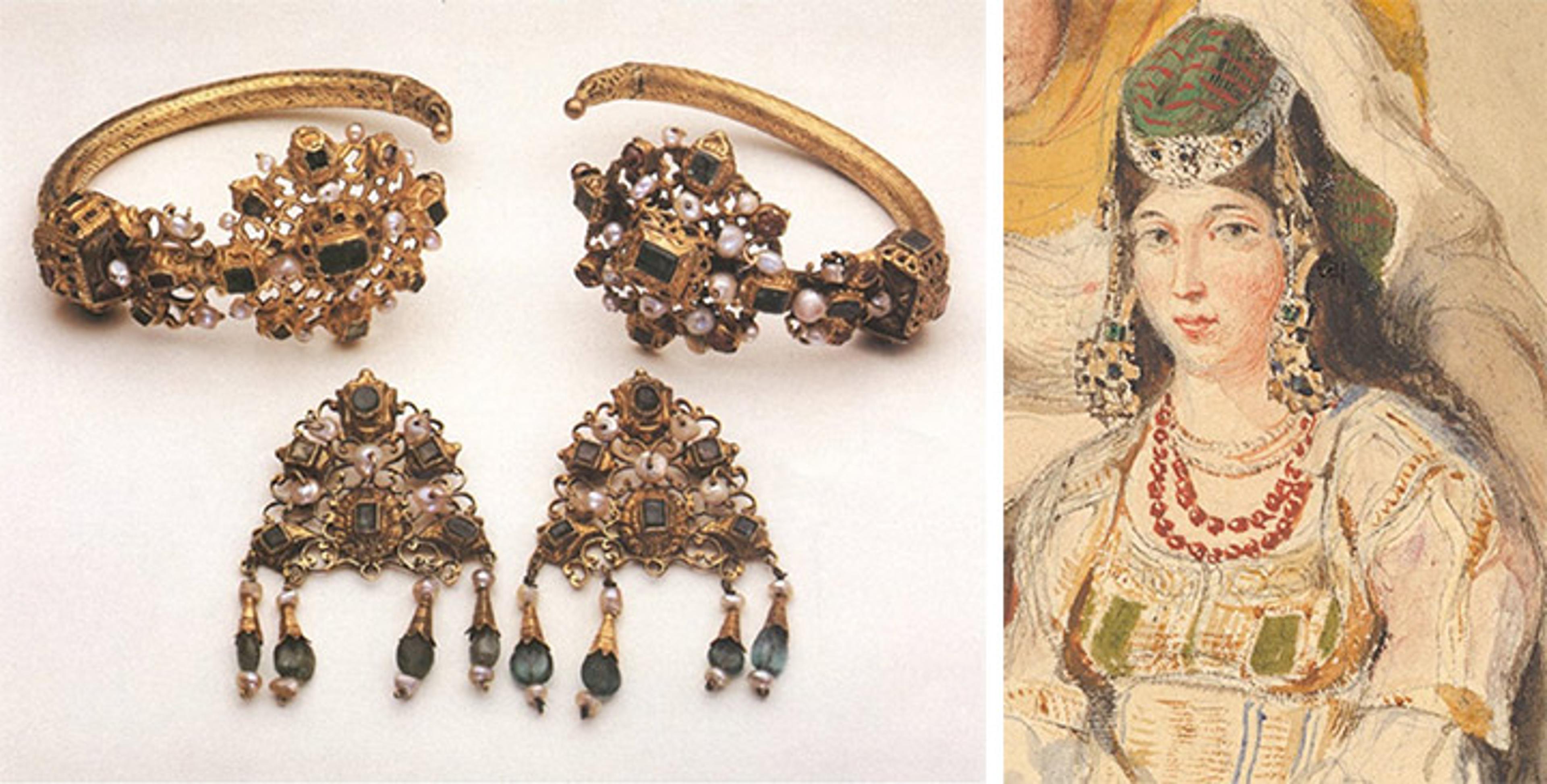 Left: Gold head ornaments. RIght: Watercolor by Delacroix of woman wearing head ornaments
