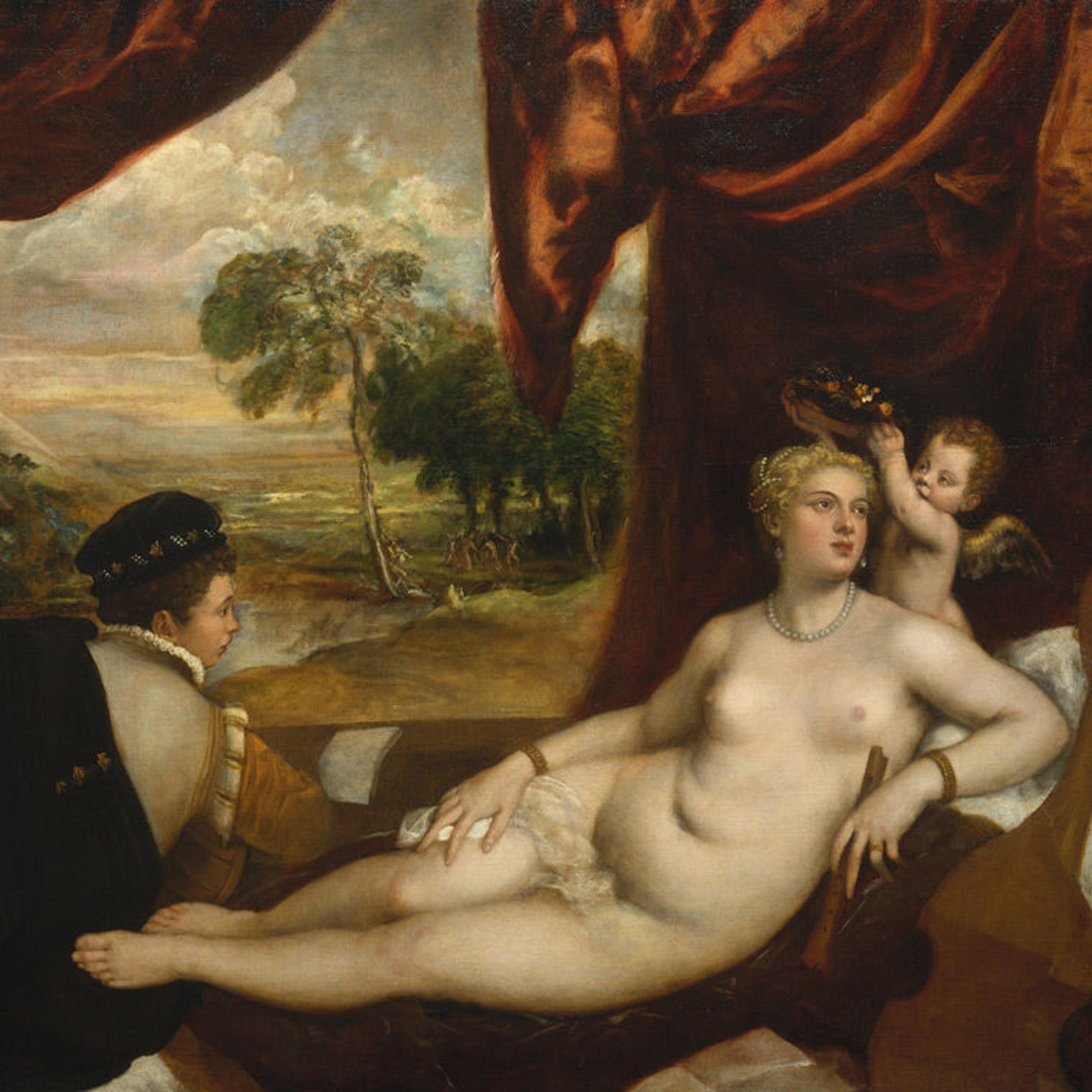 Detail view of a Titian painting depicting Venus lying on a bed with a lute player and a cherub