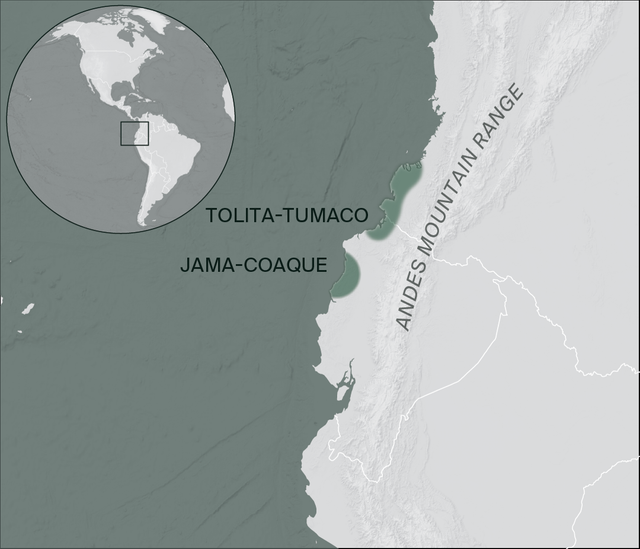 Map showing a coastal view of Ecuador, marking the areas of ancient cultural traditions like the Tolita-Tumaco and Jama-Coaque along the Andes Mountain Range.
