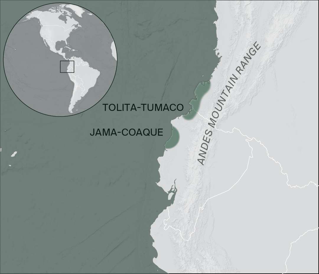 Map showing a coastal view of Ecuador, marking the areas of ancient cultural traditions like the Tolita-Tumaco and Jama-Coaque along the Andes Mountain Range.